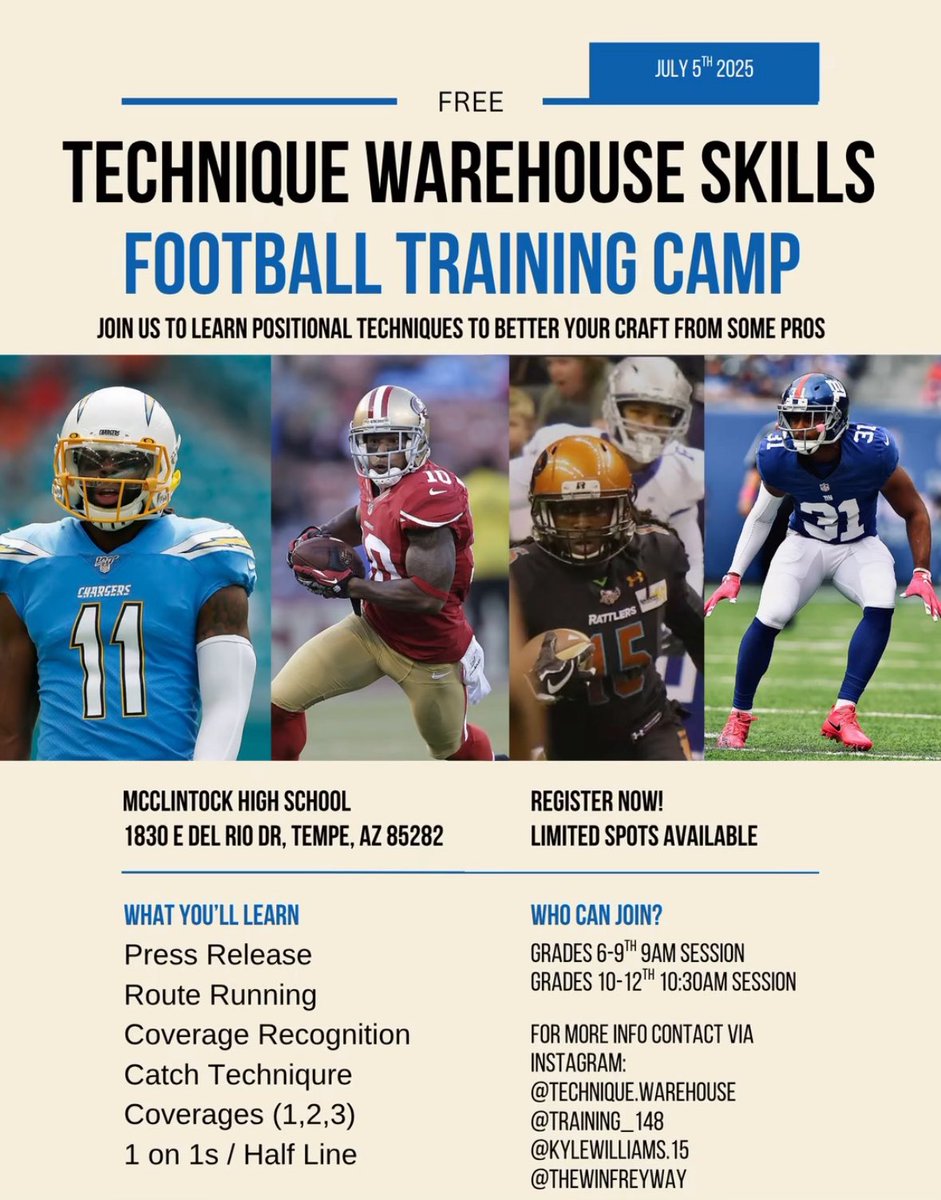Coach Alec Horne (@thee_coachhorne) on Twitter photo . <a href="/PBHS_FB/">Poston Butte Bronco Football</a> DBs and WRs looking to get some FREE work in next week, great opportunity for a free camp hosted by some coaches I’ve worked with in the past <a href="/TwoStarWade/">Trevin Wade</a> and <a href="/KyleWilliams_10/">Kyle Williams</a>
Registration links
10th-12th: leaguefinder.usafootball.com/event/event-te…
9th: leaguefinder.usafootball.com/event/event-te… . <a href="/PBHS_FB/">Poston Butte Bronco Football</a> DBs and WRs looking to get some FREE work in next week, great opportunity for a free camp hosted by some coaches I’ve worked with in the past <a href="/TwoStarWade/">Trevin Wade</a> and <a href="/KyleWilliams_10/">Kyle Williams</a>
Registration links
10th-12th: leaguefinder.usafootball.com/event/event-te…
9th: leaguefinder.usafootball.com/event/event-te…