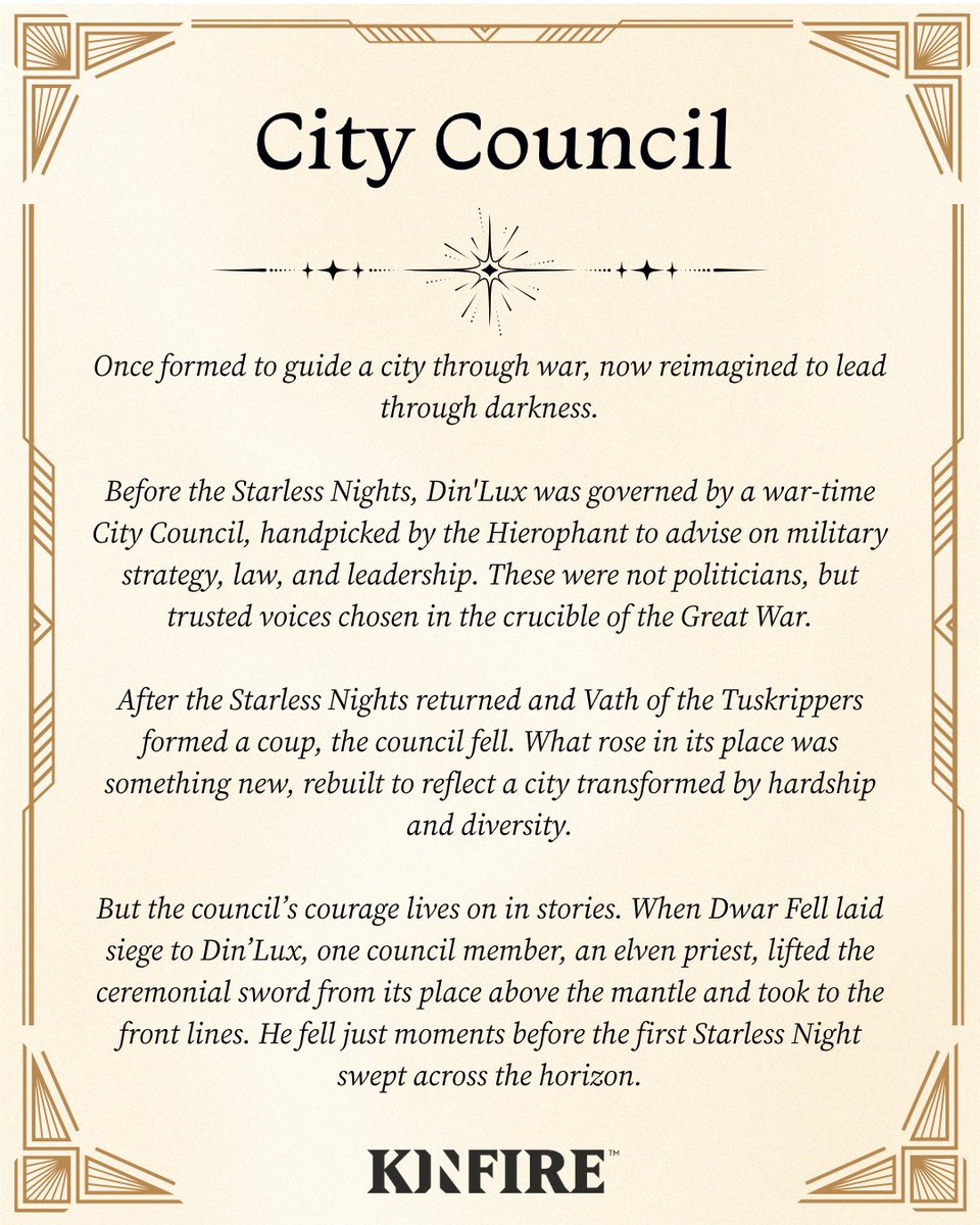 incredidream's tweet photo. Before the Starless Nights, they were advisors. After the coup, they became something more.
The City Council of Din’Lux has ruled through war, shadow, and sacrifice.
What kind of voice would you want on the council in a city like Din’Lux?
#Kinfire #lorethursday #BoardGameLore https://t.co/SObGUnWXQF