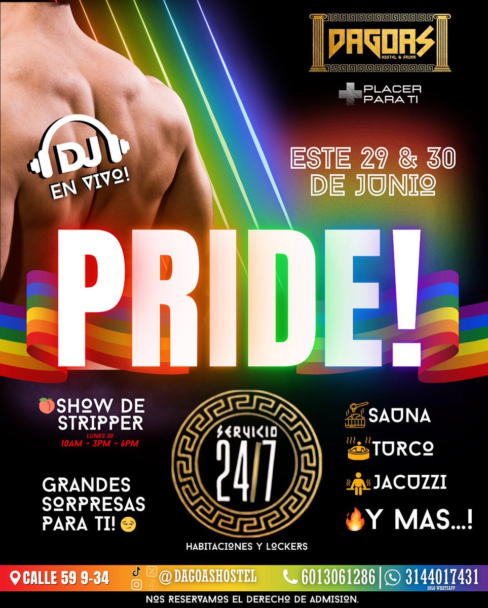 🌈 ¡PRIDE en Dagoas! 🌈
Este 29 y 30 de junio
🔥 Ven a soltar todo ese orgullo… y algo más.

🎧 DJ en vivo
🍑 SHOW DE STRIPPER – Lunes 30

¿Pases de cortesías? ⁣⁣⁣
⁣⁣⁣⁣
✅DEBES SEGUIRNOS  y dar 💙+ 🔁 (retweet) a este tweet y TODOS nuestros posts