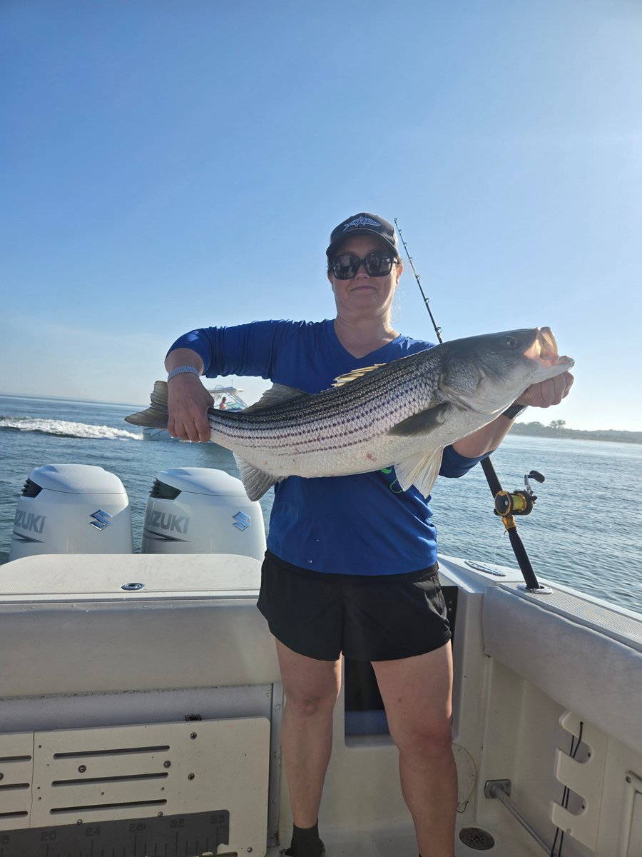 Bernadette was high hook today! Numerous slot size, with some over and under sized Striped Bass today on live bunker.. Kingfisher Fishing Charter CT. Visit charterfishingconnecticut.com for details