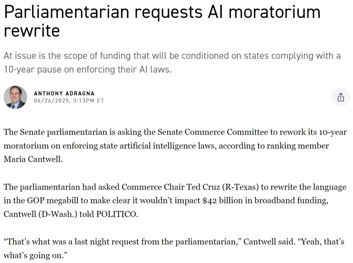 This is a big deal. I said I would be surprised if the parliamentarian were willing to sign off on conditioning previously appropriated (and already obligated!) funds on compliance with the AI regulation moratorium under the Byrd Rule. Apparently, so would the parliamentarian.