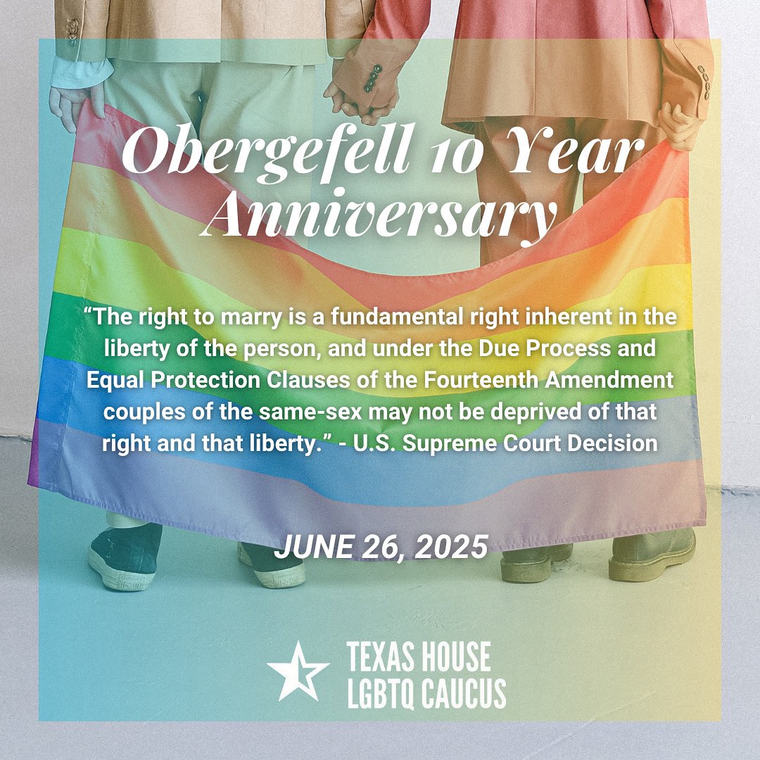 txlgbtqcaucus's tweet image. 10 years ago, the U.S. Supreme Court ruled that #Queer couples have the same fundamental right to marriage.
Today is a critical reminder that #LGBTQIA+ individuals continue to fight. This #PrideMonth we recommit ourselves to the ongoing fight for full lived equality.
#txlege
