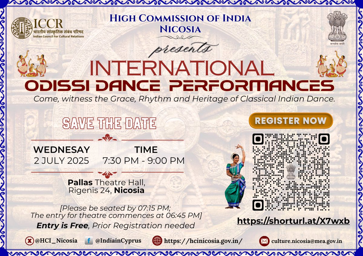 🇮🇳✨ Odissi in Nicosia! ✨🇮🇳
Join us for a magical evening of classical Indian dance with Smt. Sujata Mohapatra, one of India’s greatest Odissi artists.

📍 2 July | Pallas Theatre, Nicosia
🕢 7:30 PM – 9:00 PM (Be seated by 7:15 PM)
🎟️ Free Entry | Register: