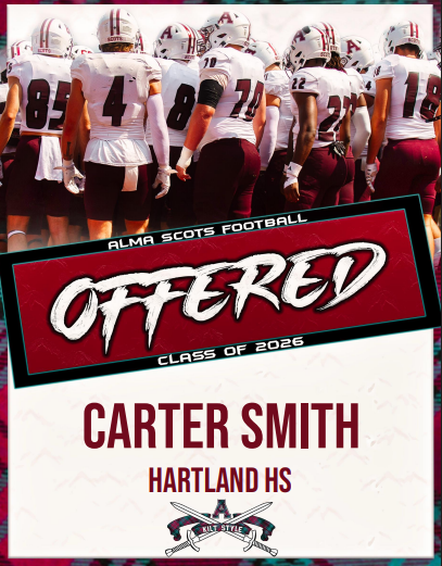 Carter Smith (@cjsgoblue) on Twitter photo After a great conversation with <a href="/CoachCouchAlma/">Jason Couch</a> & <a href="/Ryan_Ettinger1/">Ryan Ettinger</a> at Alma's camp, I'm excited to say that I have received an offer to play for <a href="/AlmaScotsFB/">Alma College Football</a>!! I want to thank both of them, coach <a href="/CoachSpooner_/">Teddy Spooner</a>, and the rest of the coaches for their support.
<a href="/Coach_CWright/">Chris Wright M.Ed</a> After a great conversation with <a href="/CoachCouchAlma/">Jason Couch</a> & <a href="/Ryan_Ettinger1/">Ryan Ettinger</a> at Alma's camp, I'm excited to say that I have received an offer to play for <a href="/AlmaScotsFB/">Alma College Football</a>!! I want to thank both of them, coach <a href="/CoachSpooner_/">Teddy Spooner</a>, and the rest of the coaches for their support.
<a href="/Coach_CWright/">Chris Wright M.Ed</a>