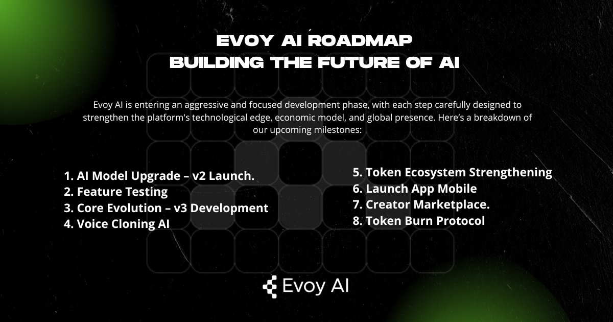 Evoyai_app's tweet photo. Evoy AI is entering an aggressive and focused development phase, with each step carefully designed to strengthen the platform's technological edge, economic model, and global presence. Here’s a breakdown of our upcoming milestones

1. AI Model Upgrade – v2 Launch.
2. Feature Testing
3. Core Evolution – v3 Development
4. Voice Cloning AI
5. Token Ecosystem Strengthening
6. Launch App Mobile
7. Creator Marketplace.
8. Token Burn Protocol

This is just the beginning.
#EvoyAI #Web3 #AIvideo #Roadmap $EVAI #VoiceAI