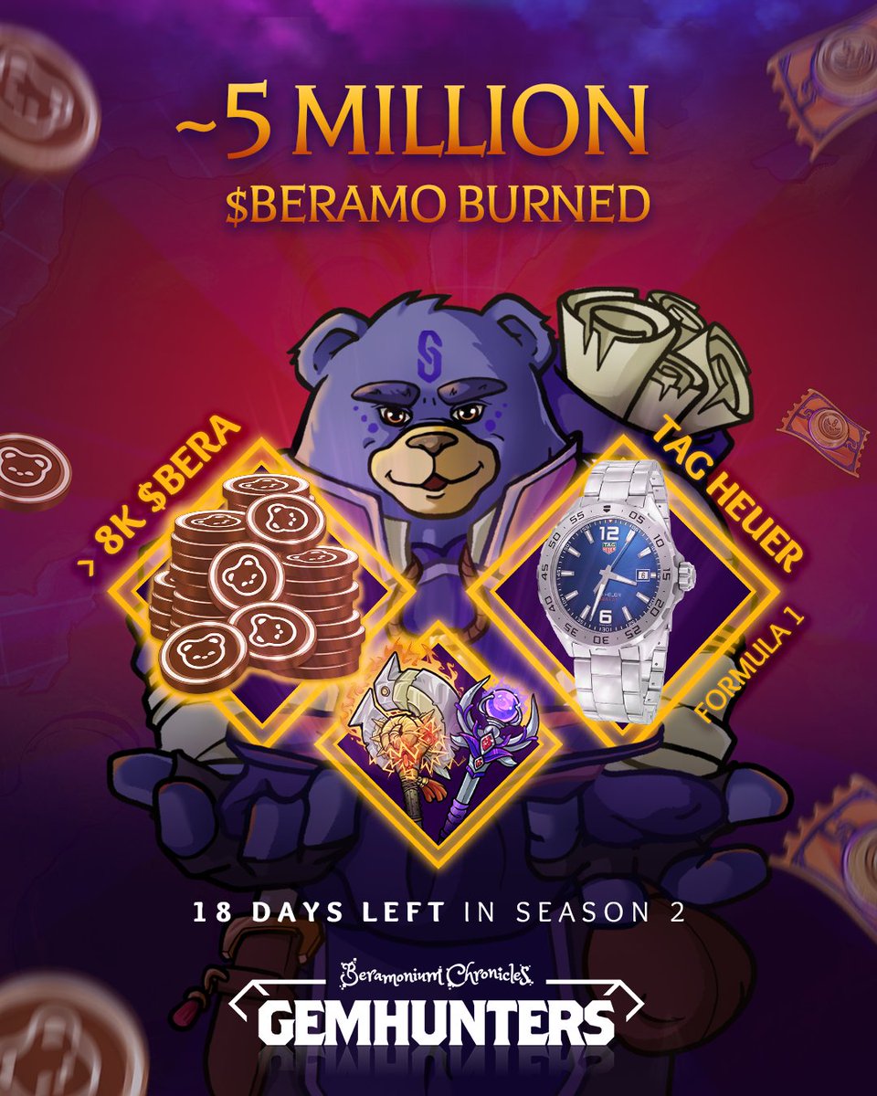 Already ~5 million (0.5% total supply!) $BERAMO burned in Season 2 🔥 🔥

There's 18 days left: TAG HEUER and tons of other Bera eco rewards await for the fiercest Beras

Get your tickets, earn your loot

Beramonium 🐻 🧙‍♂️