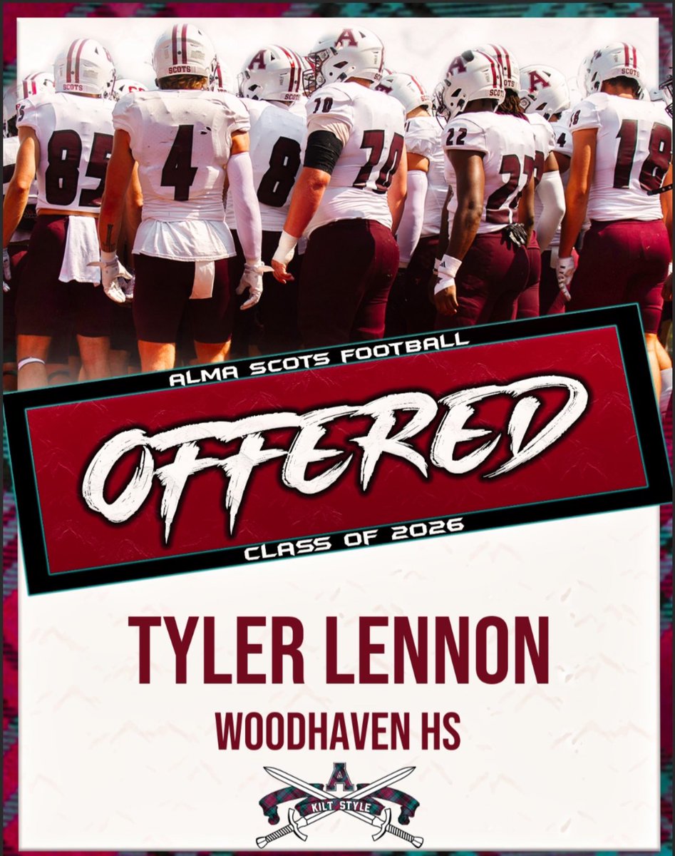 Tyler “T.Y.” Lennon (@tylerlennon08) on Twitter photo Blessed to announce that after a good camp yesterday and a good call with the alma staff that I have received and offer from <a href="/AlmaScotsFB/">Alma College Football</a>!!!
<a href="/coachm16/">Coach Mifsud</a> <a href="/Coach_Cofield/">Rod Cofield</a> <a href="/CoachCouchAlma/">Jason Couch</a> <a href="/CoachSpooner_/">Teddy Spooner</a> <a href="/Ryan_Ettinger1/">Ryan Ettinger</a> <a href="/CookTony710/">Tony Cook Jr.</a> <a href="/CoachTaylor_PE/">Julius Taylor Jr</a> <a href="/CoachMo_24/">Coach Mo</a> Blessed to announce that after a good camp yesterday and a good call with the alma staff that I have received and offer from <a href="/AlmaScotsFB/">Alma College Football</a>!!!
<a href="/coachm16/">Coach Mifsud</a> <a href="/Coach_Cofield/">Rod Cofield</a> <a href="/CoachCouchAlma/">Jason Couch</a> <a href="/CoachSpooner_/">Teddy Spooner</a> <a href="/Ryan_Ettinger1/">Ryan Ettinger</a> <a href="/CookTony710/">Tony Cook Jr.</a> <a href="/CoachTaylor_PE/">Julius Taylor Jr</a> <a href="/CoachMo_24/">Coach Mo</a>