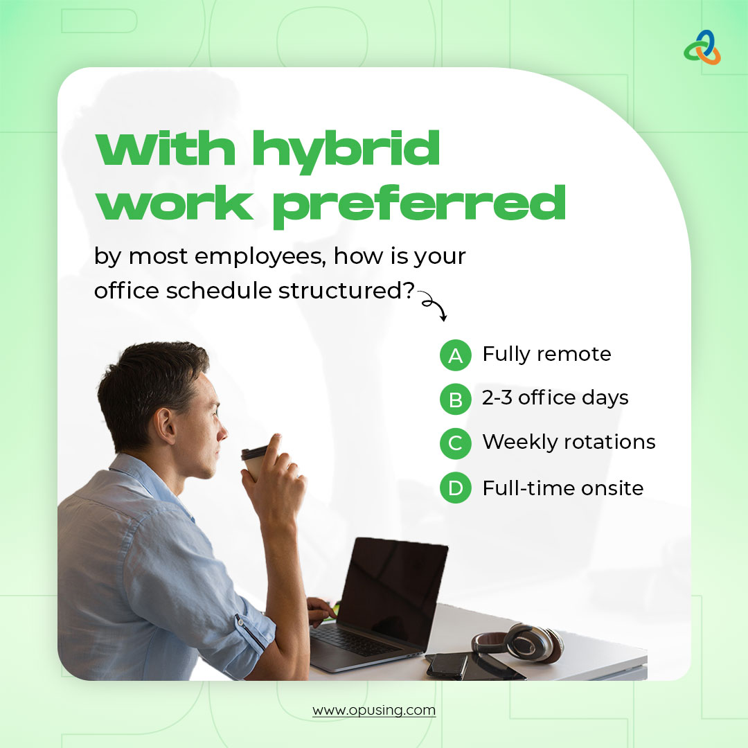 OpusingLLC's tweet image. Most employees prefer hybrid work, but what does that mean for your office schedule? Whether you’re offering remote work, office rotations, or full-time in-person setups, Opusing has the right staffing solutions to match your model.
#Opusing #hiring #recruitment #talentmanagement