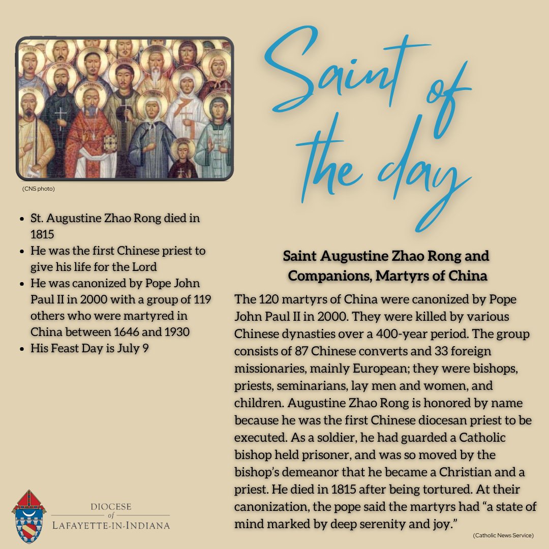 Today is the Feast Day of Saint Augustine Zhao Rong. He is known as the first Chinese priest to give up his life for the Lord. He was canonized by Pope John Paul II in 2000.