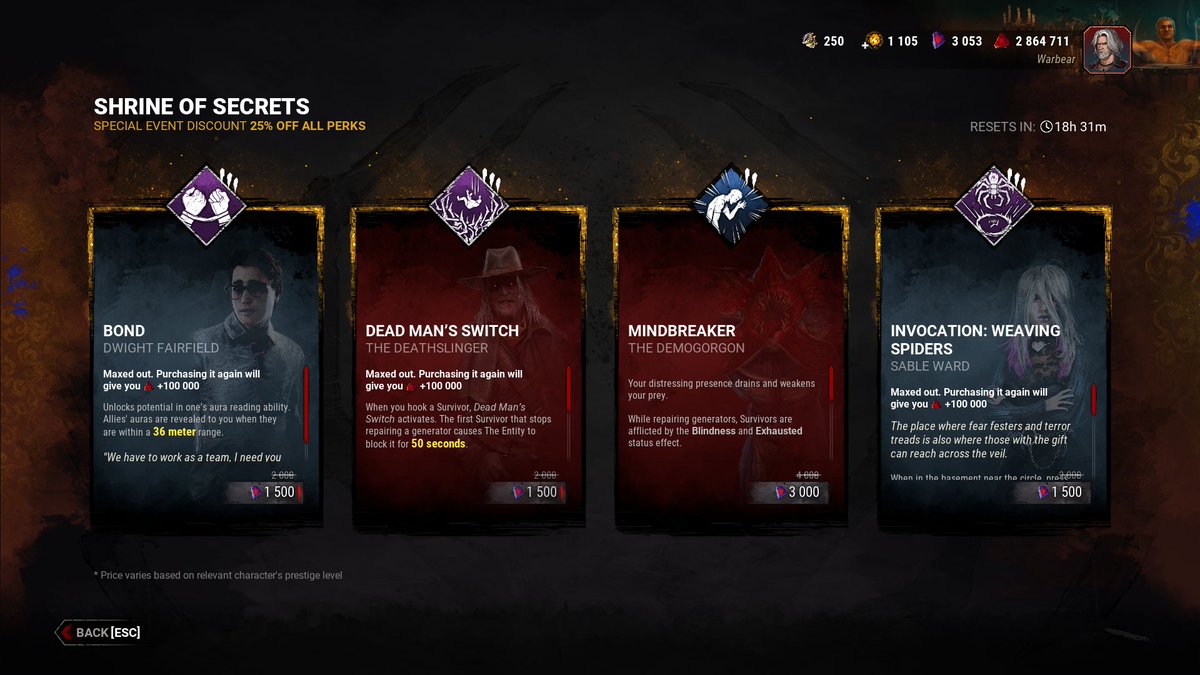 JKanzuki's tweet image. For all my DBD friends, now that the Masqurade event is up, don't forget to check out the Shrine of Secrets every day, during Masqurade it resets daily, so now is your chance to get all those licenced perks you wanted!!