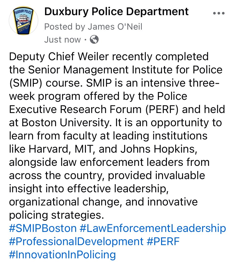 Deputy Chief Weiler recently completed the Senior Management Institute for Police course. This was an intensive three-week program offered by the Police Executive Research Forum.
#SMIPBoston #LawEnforcementLeadership #ProfessionalDevelopment #PERF #InnovationInPolicing