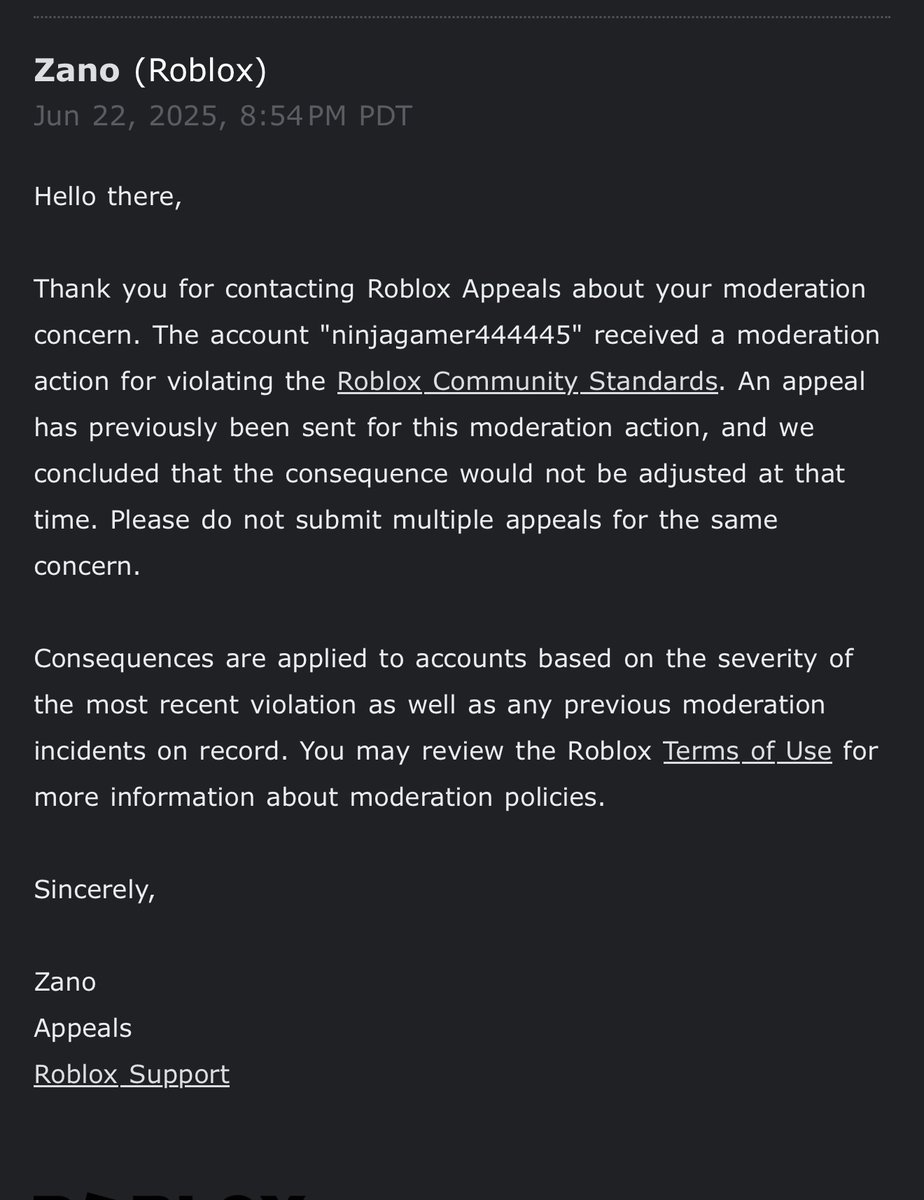 Bandi (@bandirue) on Twitter photo If anyone works at Roblox appeals or knows someone, please contact me! Not sure how my friend's account with 0 ban history can be terminated without reason. It was possibly compromised for a day? It doesn't seem like they care to find out more. <a href="/Roblox/">Roblox</a> <a href="/robloxdevrel/">Roblox Developer Relations</a> #RobloxDev If anyone works at Roblox appeals or knows someone, please contact me! Not sure how my friend's account with 0 ban history can be terminated without reason. It was possibly compromised for a day? It doesn't seem like they care to find out more. <a href="/Roblox/">Roblox</a> <a href="/robloxdevrel/">Roblox Developer Relations</a> #RobloxDev