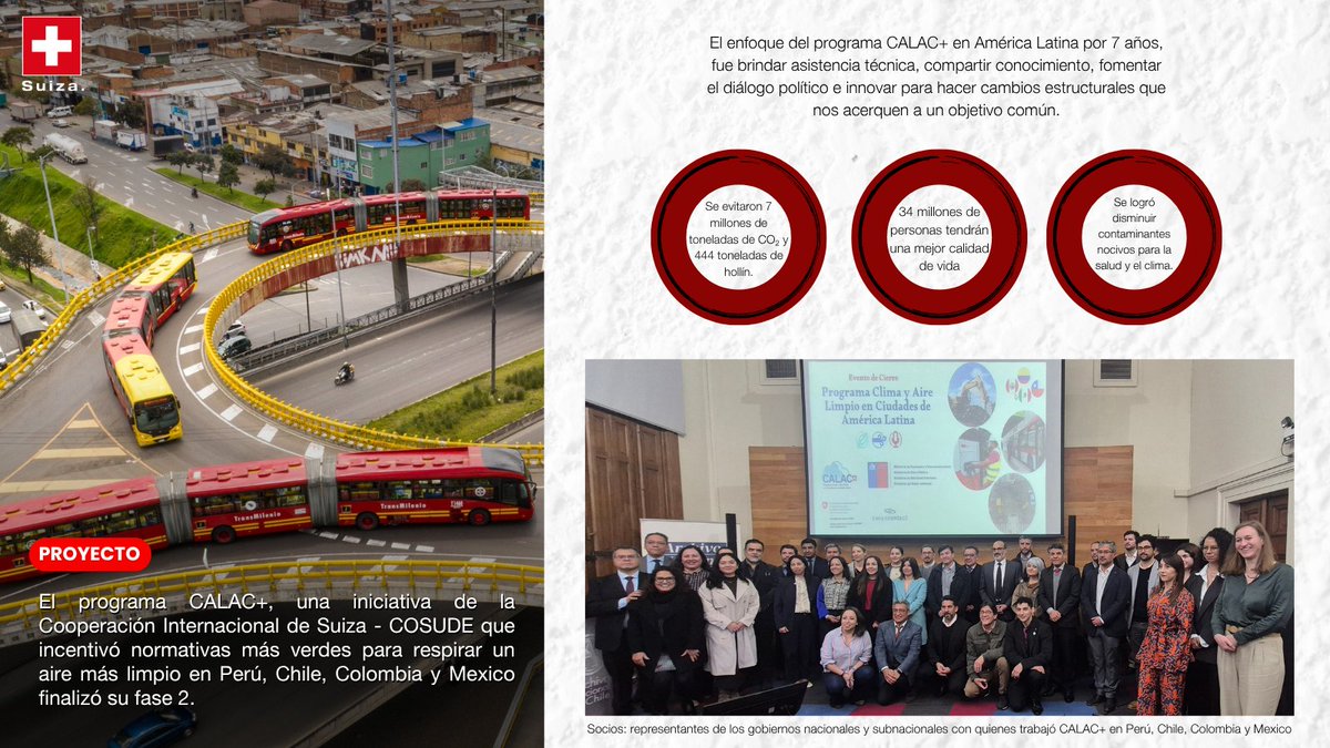 Después de 7 años celebramos el fin de la fase 2 de <a href="/Calacplus/">Calac+</a>, una iniciativa que dejó huella en 🇨🇱,🇨🇴,🇲🇽y🇵🇪. Desde el #HubRegionalLima de la Coop.Int.🇨🇭, junto a gobiernos, expertos y comunidades, iniciamos un capítulo hacia un futuro más limpio y sostenible.