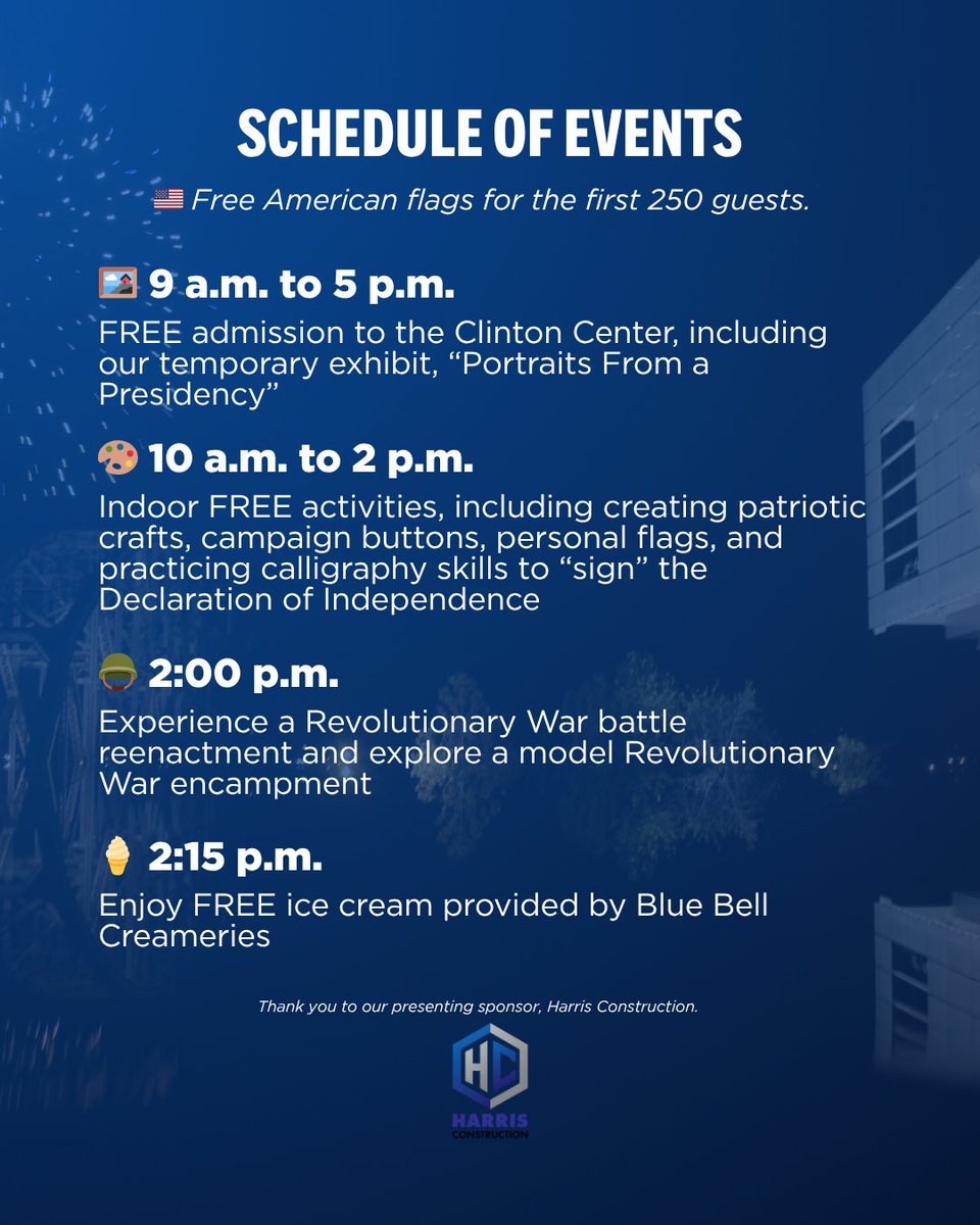 ClintonCenter's tweet image. Presidential Center 🤝 Fourth of July
🇺🇸 NEW: We're celebrating Independence Day with FREE museum admission, including the permanent exhibits and our new exhibit, “Portraits From a Presidency,” as well as family-friendly activities.
🎆 More info: bit.ly/40mbTVX…