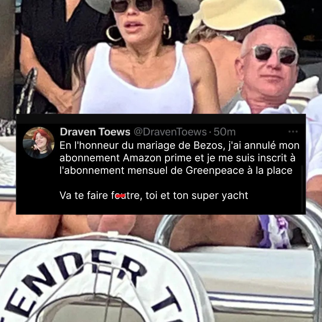 On ne s'attendait pas à des cadeaux de mariage 🥹💐

Alors que Venise brandit son hostilité envers le mariage de plus de 50 millions de $$ de Bezos, vous pouvez vous en prendre à ce dernier en annulant Prime et en faisant un don à ceux qui se battent pour taxer les riches 💸