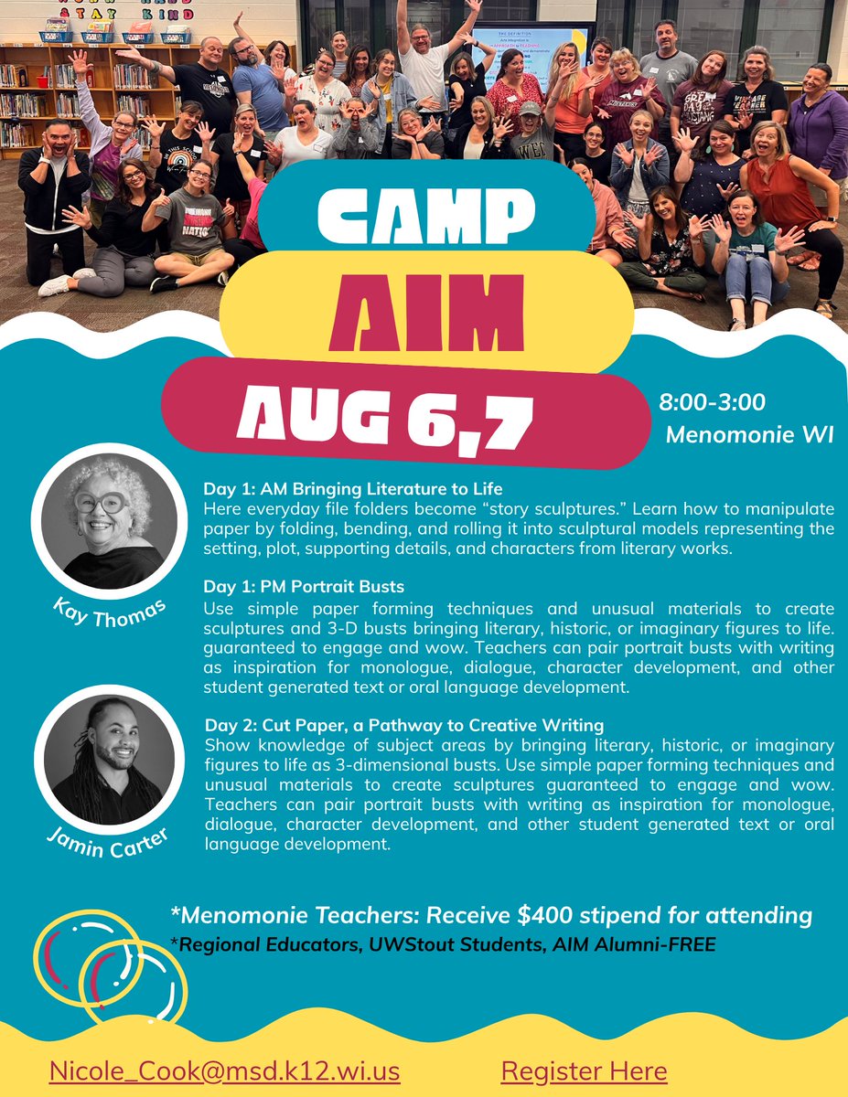 Yes! CAMP AIM is happening again this August! Teachers-$400 for attending! Register Now: docs.google.com/forms/d/e/1FAI…