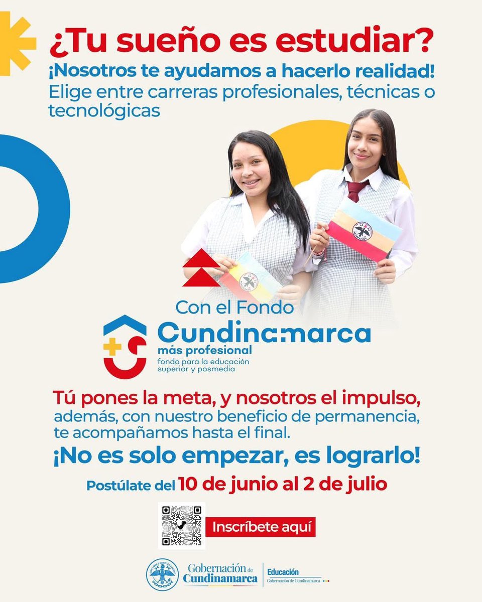 semfusagasuga's tweet photo. 🎓 ¿Quieres estudiar una carrera técnica, tecnológica o profesional con un crédito que puedes condonar al graduarte? 💥
Tienes hasta el 𝟐 𝐝𝐞 𝐣𝐮𝐥𝐢𝐨 para postularte
🖱️ Conoce los requisitos e inscríbete ya en: https://t.co/HVIwRK6ZjN https://t.co/CrfSyptJ2q