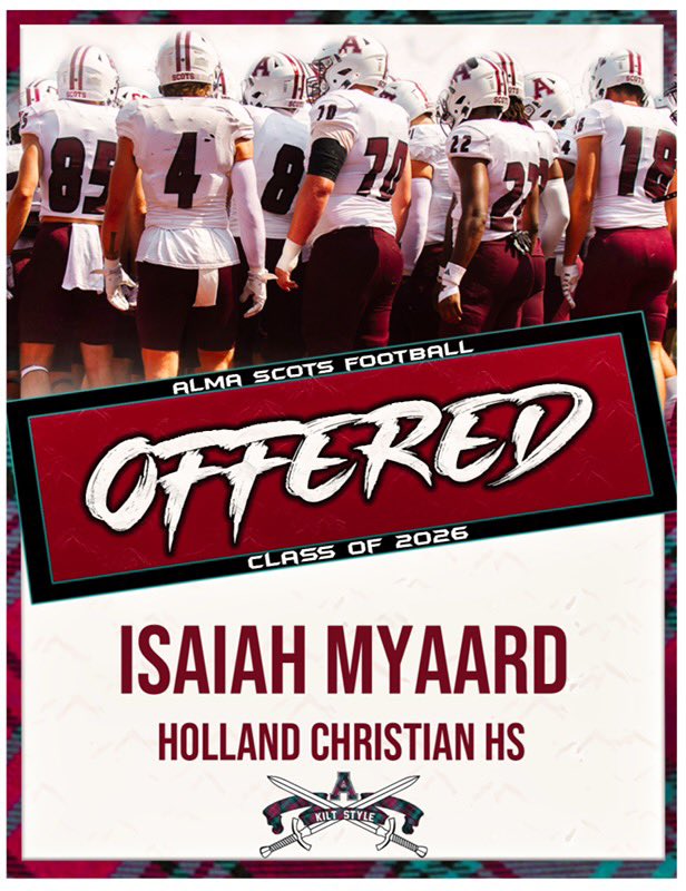 Isaiah Myaard (@zaymyaard) on Twitter photo After a great phone call and conversation with <a href="/CoachP_Alma/">Jason Polmanteer</a> I am blessed to have received another offer to play football at Alma University! <a href="/CoachCouchAlma/">Jason Couch</a> <a href="/HCFBMaroons/">Holland Christian Football</a> <a href="/DaveAbberger/">Dave Abberger</a> <a href="/MIexposure/">Michigan exposure</a> <a href="/MichFBFrenzy/">Michigan Prep Frenzy</a> <a href="/Ryan_Ettinger1/">Ryan Ettinger</a> <a href="/AlmaCoachCole/">Scotty Cole</a> <a href="/PrepRedzone/">Prep Redzone 🏈</a> <a href="/z_rieps/">Zach Riepma</a> <a href="/CoachHill_41/">Ty Hill</a> After a great phone call and conversation with <a href="/CoachP_Alma/">Jason Polmanteer</a> I am blessed to have received another offer to play football at Alma University! <a href="/CoachCouchAlma/">Jason Couch</a> <a href="/HCFBMaroons/">Holland Christian Football</a> <a href="/DaveAbberger/">Dave Abberger</a> <a href="/MIexposure/">Michigan exposure</a> <a href="/MichFBFrenzy/">Michigan Prep Frenzy</a> <a href="/Ryan_Ettinger1/">Ryan Ettinger</a> <a href="/AlmaCoachCole/">Scotty Cole</a> <a href="/PrepRedzone/">Prep Redzone 🏈</a> <a href="/z_rieps/">Zach Riepma</a> <a href="/CoachHill_41/">Ty Hill</a>