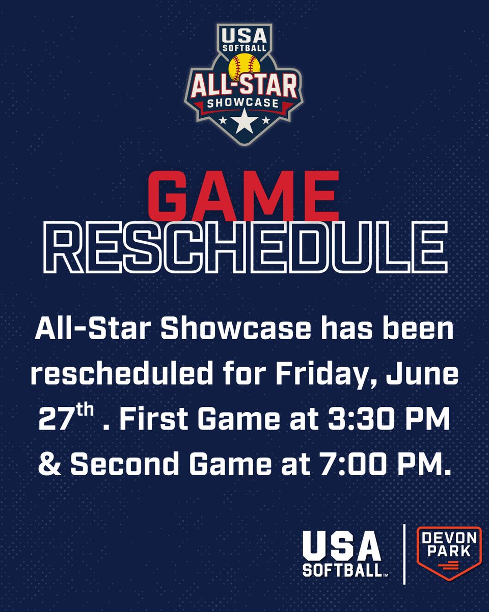 Sorry fans! That Oklahoma weather got us tonight, but we will be back tomorrow. Tickets and parking from tonight's game will be valid for tomorrow's double-header. 

#USASoftball