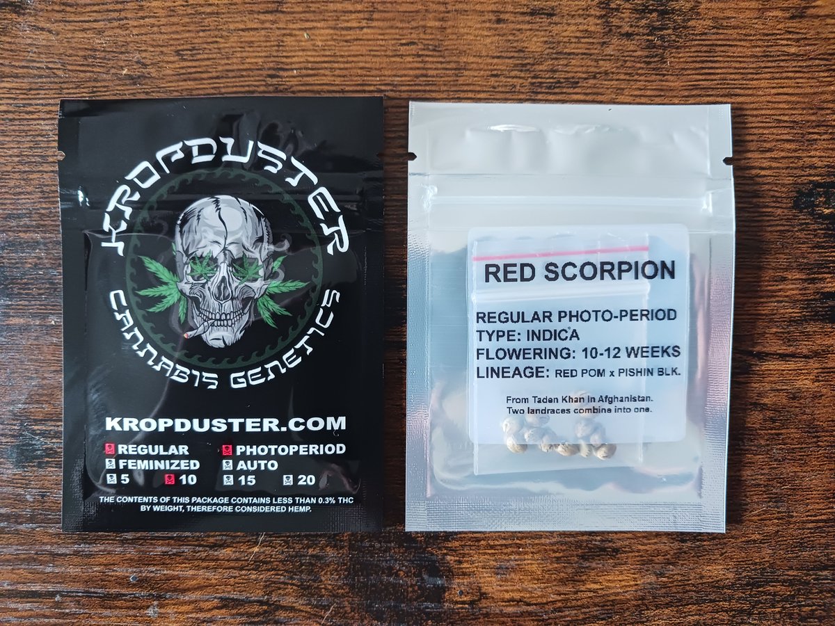 RED SCORPION - 10+ SEEDS

RED SCORPION is a combination of two landraces acquired from Taden Khan. 
From Afghanistan was the Red Pomegranate and from Pakistan, Pishin Blk. The two came together to create RED SCORPION!
This is a very limited run with a small offering of seeds.