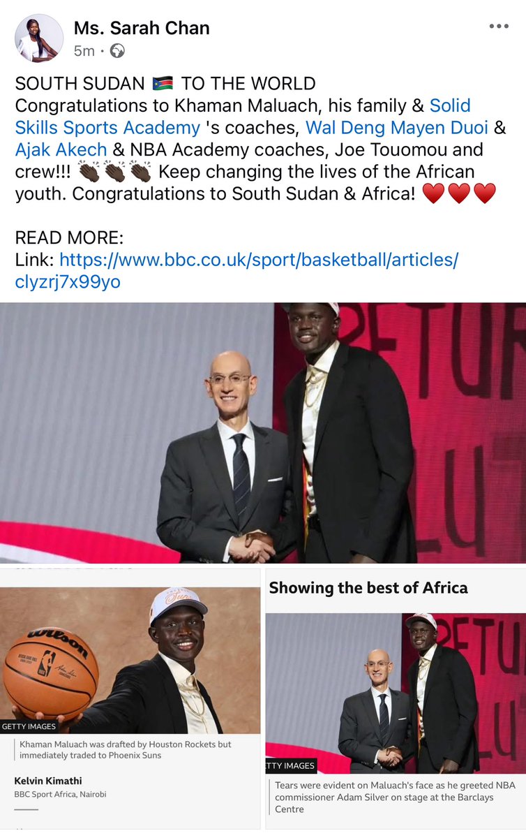 SOUTH SUDAN 🇸🇸 TO THE WORLD 
Congratulations to Khaman Maluach!!!

READ MORE:
Link: bbc.co.uk/sport/basketba…