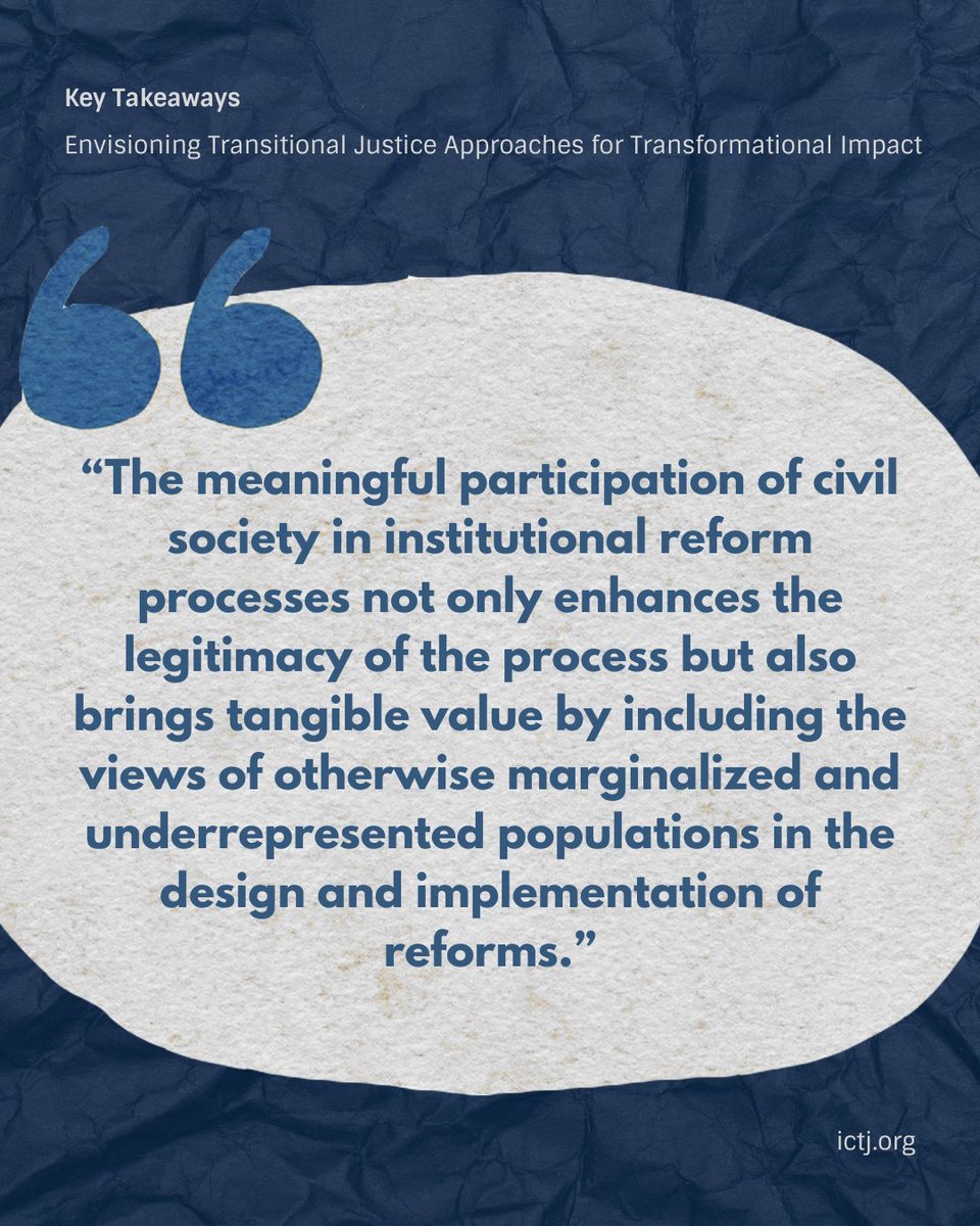 theICTJ's tweet image. #NewReport | 📍 These are some key takeaways from our new report "Envisioning Transitional Justice Approaches for Transformational Impact".
👂 Want to learn more?
Read the report here: ictj.org/resource-libra…