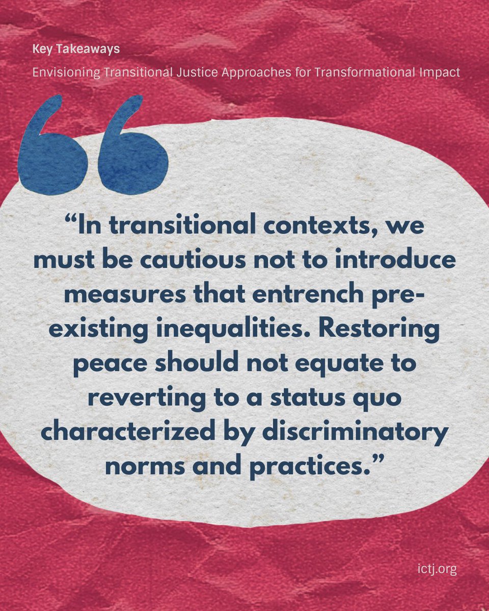 theICTJ's tweet image. #NewReport | 📍 These are some key takeaways from our new report "Envisioning Transitional Justice Approaches for Transformational Impact".
👂 Want to learn more?
Read the report here: ictj.org/resource-libra…