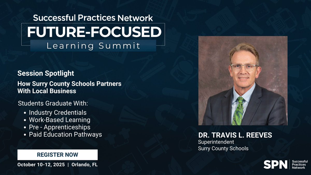 Successful Practices Network (@spnconnect) on Twitter photo Your students graduate with a diploma. What if they left with credentials, certifications, & job-ready skills too?
<a href="/ReevesTravis/">Travis L. Reeves</a> from <a href="/SurryCoSchools/">Surry County Schools</a> will show you how his district partnered with local businesses to create pathways where students graduate debt-free & work-ready. Your students graduate with a diploma. What if they left with credentials, certifications, & job-ready skills too?
<a href="/ReevesTravis/">Travis L. Reeves</a> from <a href="/SurryCoSchools/">Surry County Schools</a> will show you how his district partnered with local businesses to create pathways where students graduate debt-free & work-ready.
