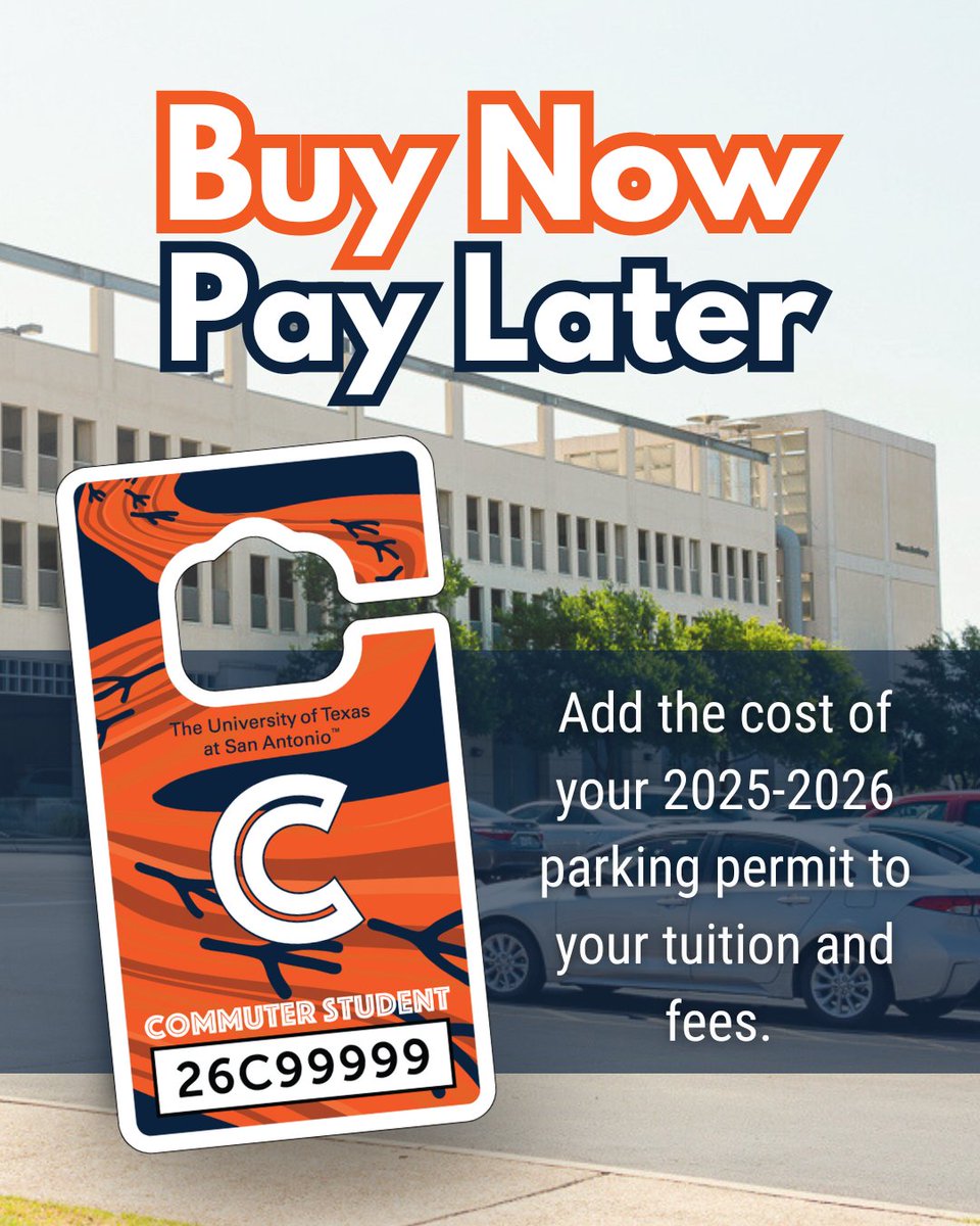 UTSACampusSrvcs's tweet image. 'Runners, did you know that you can purchase your 2025-26 parking permit now and pay later? Just add the cost to your tuition & fees when ordering on MyParking. Learn more at utsa.edu/parking.
#UTSA #UTSACampusServices #ParkingPermit