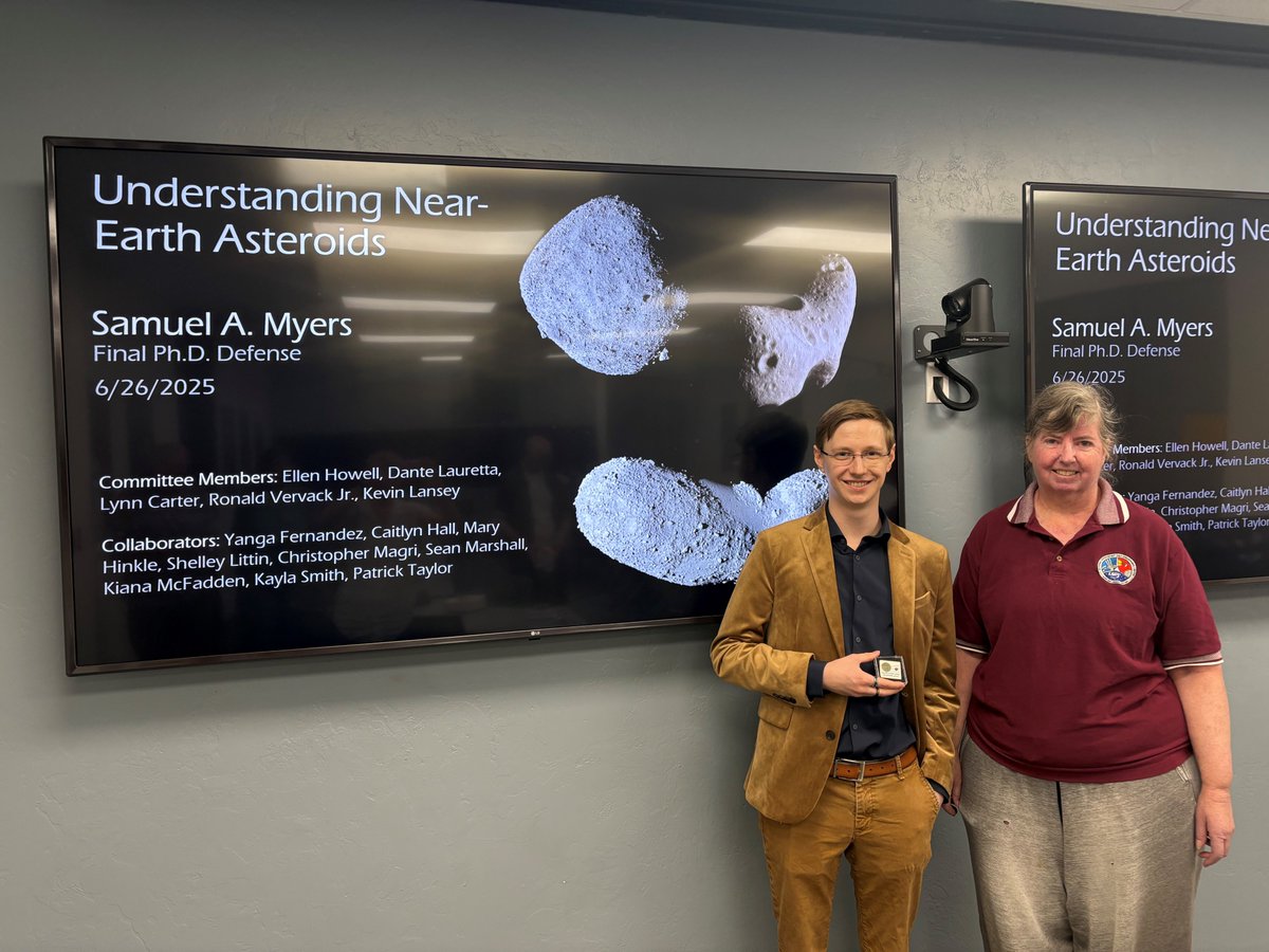 Please join us in congratulating Samuel Myers, who today successfully defended his Ph.D. Dissertation, Understanding the Limits of Simple Thermal Models for Characterizing Near-Earth Asteroids.

Congratulations, Sam!

📸: Sam is pictured with his Ph.D. advisor, Dr. Ellen Howell