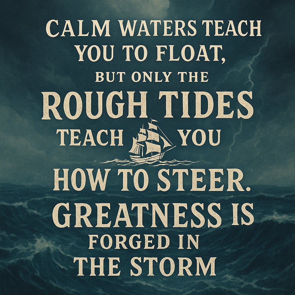 "Calm waters teach you to float, but only the rough tides teach you how to steer. Greatness is forged in the storm."