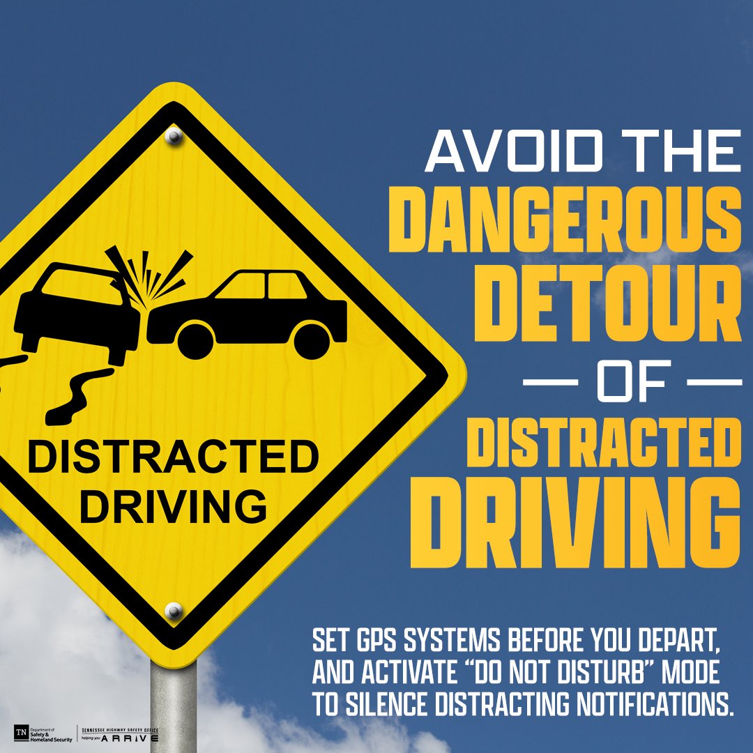 TNHSO's tweet image. From 2024-25, a distracted driving crash happened every 42 minutes on TN roads. Phone use remains one of the top causes, and it’s one of the easiest to prevent! E.g. set your GPS beforehand and activate 'Do Not Disturb' to keep your eyes where they belong. tntrafficsafety.org/distracted-dri…