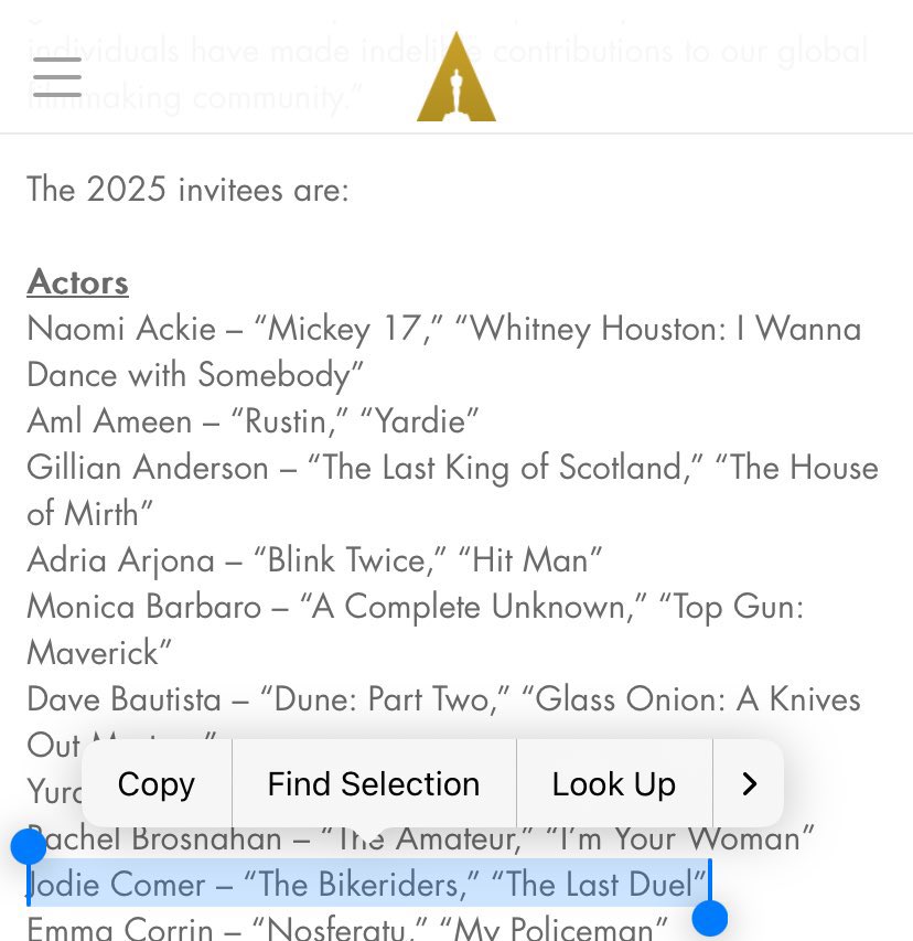 O OSCAR VEM! Jodie Comer é a mais nova convidada da lista de membros da academia, juntando-se a grandes nomes como Ariana Grande e Emma Corrin! 

Confira lista completa no link: press.oscars.org/news/academy-i…