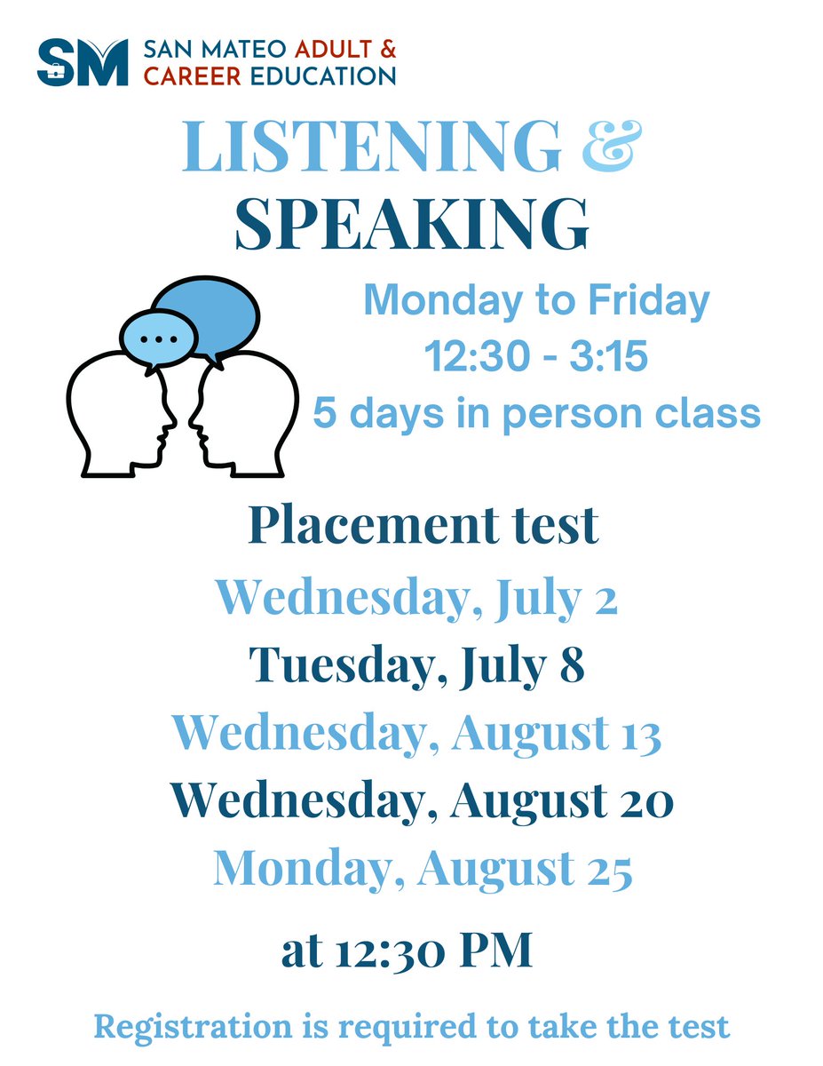 SanMateoAS's tweet image. ELL/ESL Registration/Orientation for the Fall Semester will start on Tuesday, July 8, 2025. It will be in person only. It is a two-day process – You must attend BOTH days listed. #AdultEd #SMACE #ESLClasses