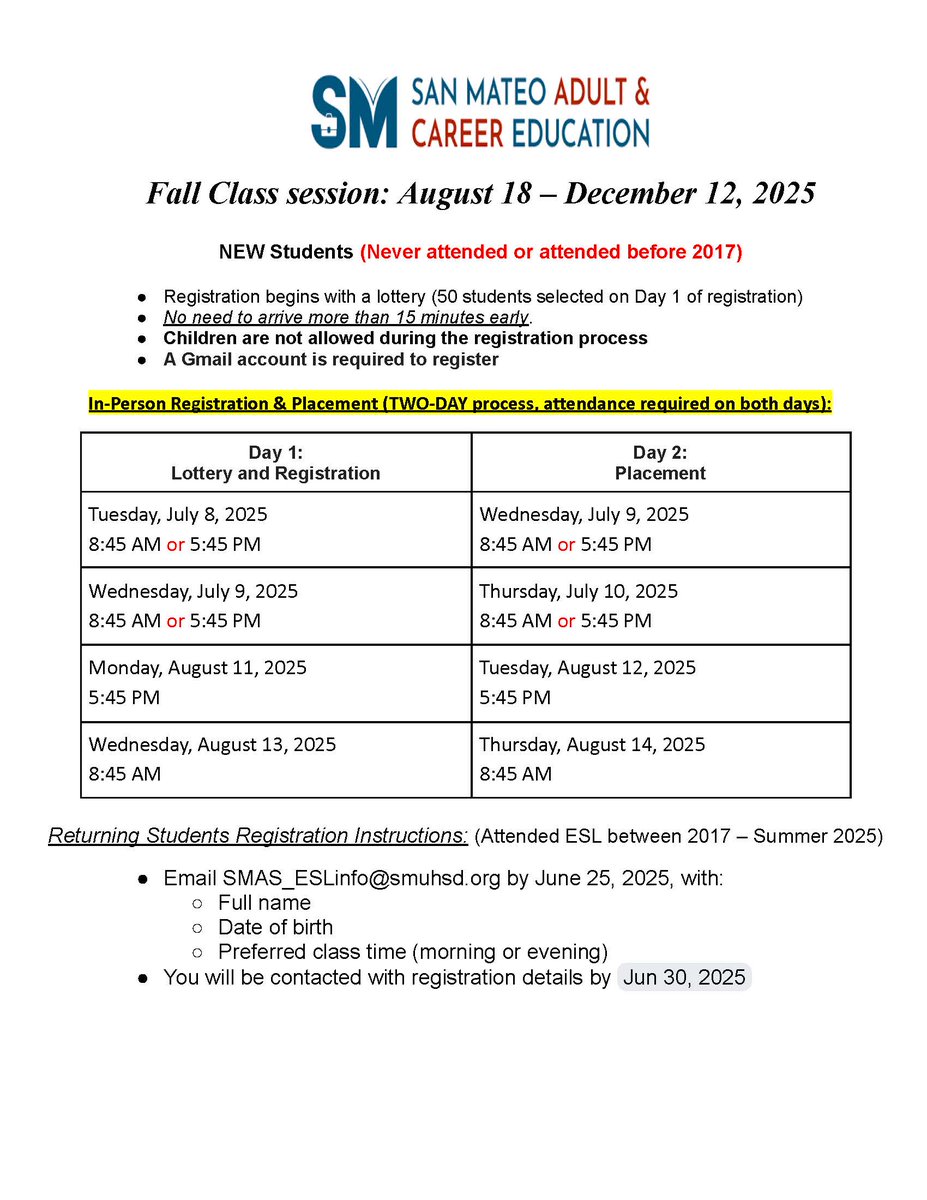 SanMateoAS's tweet image. ELL/ESL Registration/Orientation for the Fall Semester will start on Tuesday, July 8, 2025. It will be in person only. It is a two-day process – You must attend BOTH days listed. #AdultEd #SMACE #ESLClasses