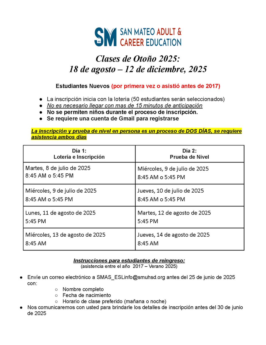 SanMateoAS's tweet image. ELL/ESL Registration/Orientation for the Fall Semester will start on Tuesday, July 8, 2025. It will be in person only. It is a two-day process – You must attend BOTH days listed. #AdultEd #SMACE #ESLClasses