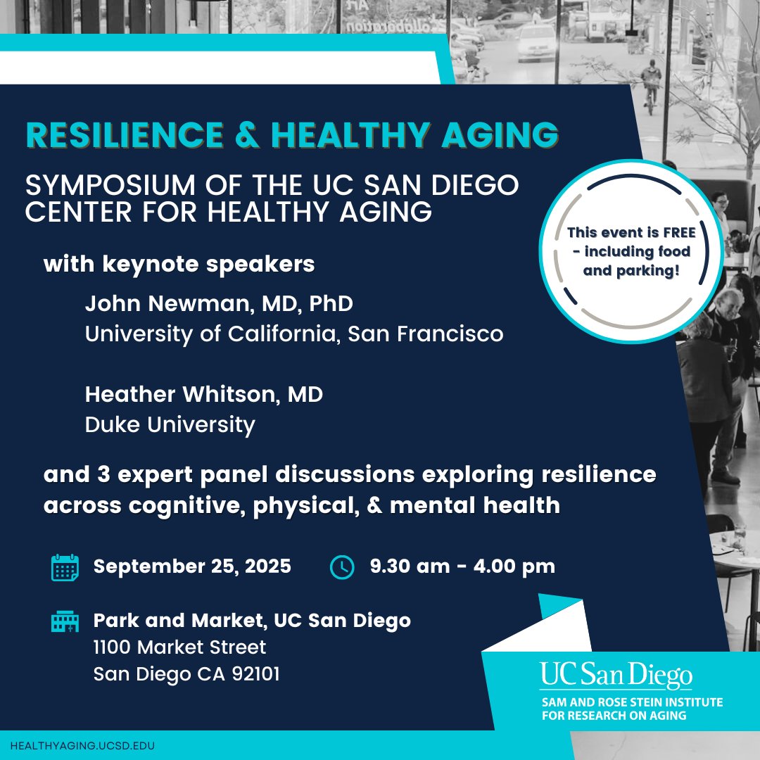 Registration is now open for our 2025 Resilience &amp; Healthy Aging Symposium! #UCSDHealthyAging #Resilience #HealthyAging

Register here: lp.constantcontactpages.com/ev/reg/sphrc34