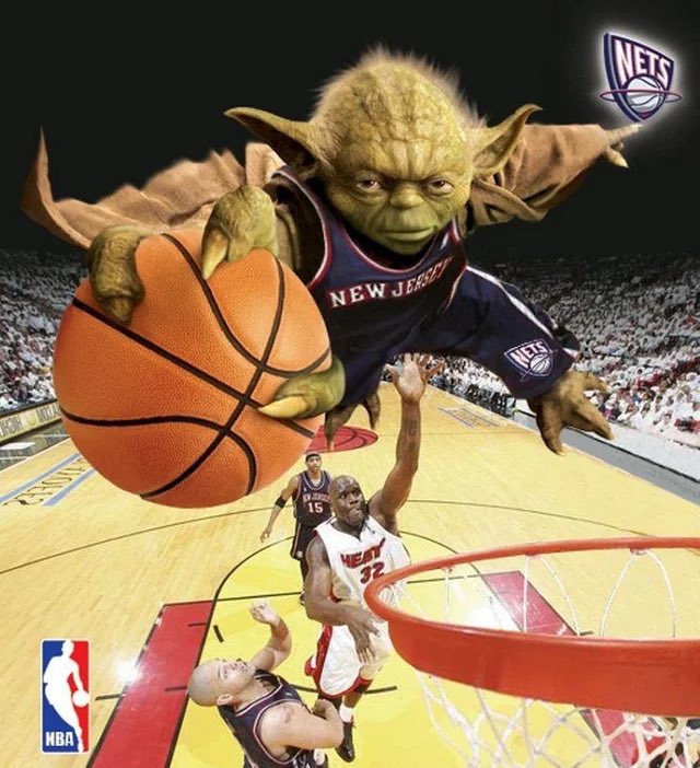 jackson5payne's tweet photo. Egor getting drafted by the Nets has reminded me of my all-time favorite Nets-related anything.

I have no idea why this poster of Yoda playing for the Nets and dunking over Shaq exists, but man, I’m so glad it does. https://t.co/FEijHw0UfX