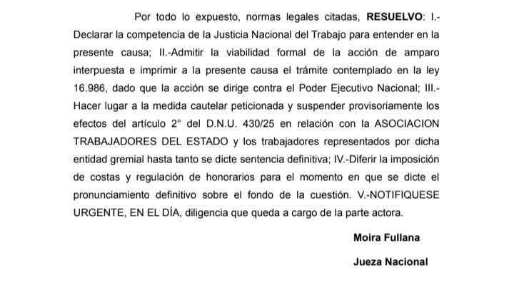 Perycia (@perycia_ok) on Twitter photo 🚨 #AHORA
La Justicia laboral suspendió el decreto que eliminaba el asueto por el Día del Trabajador del Estado.
Hizo lugar a un amparo presentado por ATE <a href="/ateprensa/">Prensa ATE Nacional</a> 🚨 #AHORA
La Justicia laboral suspendió el decreto que eliminaba el asueto por el Día del Trabajador del Estado.
Hizo lugar a un amparo presentado por ATE <a href="/ateprensa/">Prensa ATE Nacional</a>