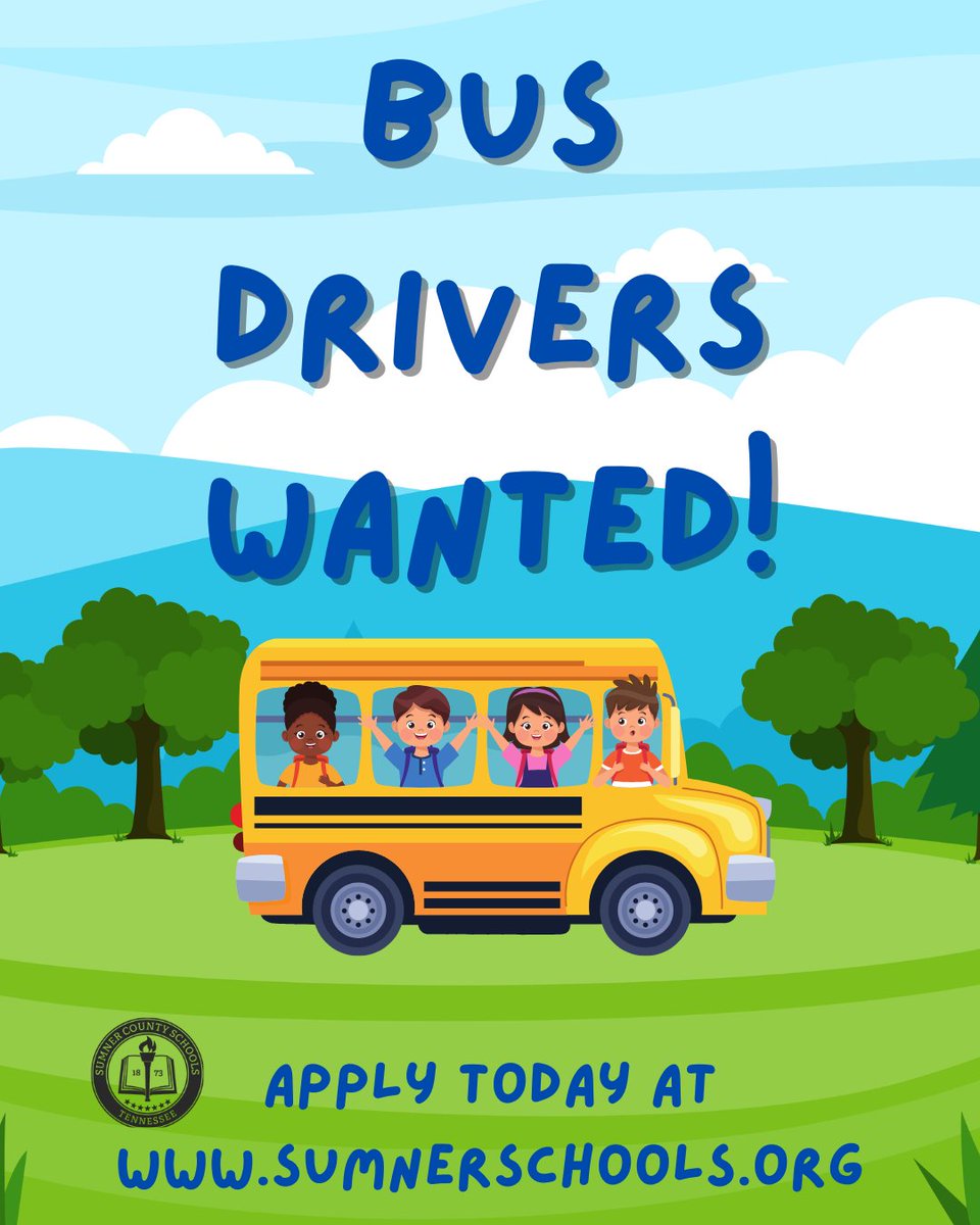 CareersSCS's tweet image. 🚍 Now Hiring Bus Drivers!
Join the team that keeps Sumner County Schools moving. Great benefits, competitive pay, and a schedule that fits your life. No CDL? We’ll help you get one!
Apply online today!
#DriveSumner #NowHiring #SumnerCountySchools #BusDriversWanted #TNJobs