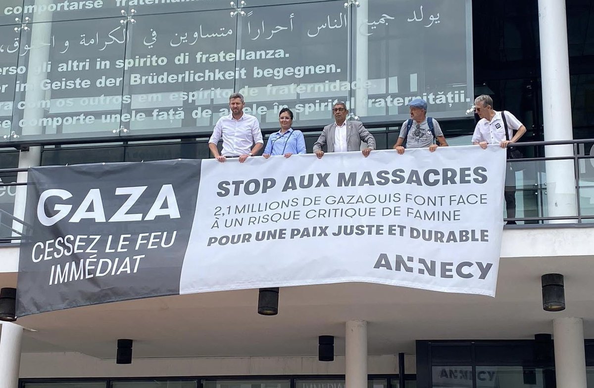 annecyinternet's tweet photo. Suite à l’affichage de la banderole « Gaza – cessez-le-feu immédiat » sur la façade de l’hôtel de ville de Seynod, notre magazine citoyen tient à exprimer une position de réserve. #annecy #neutralite https://t.co/G2hEQPmrW7
