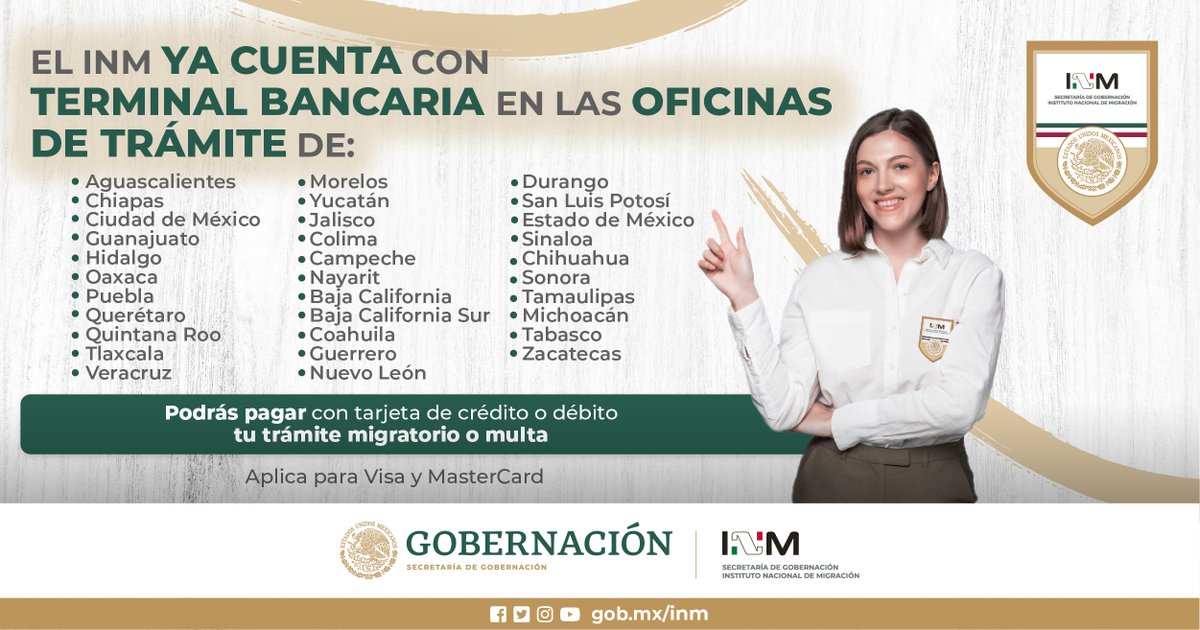 INAMI_mx's tweet photo. 💳 Amiga y amigo extranjero, ahora puedes pagar tus derechos migratorios con tarjeta de crédito o débito en las Oficinas de Representación del #INM. Rápido, seguro y sin complicaciones. 🇲🇽
#INMContigo https://t.co/jz8f8dR3N2