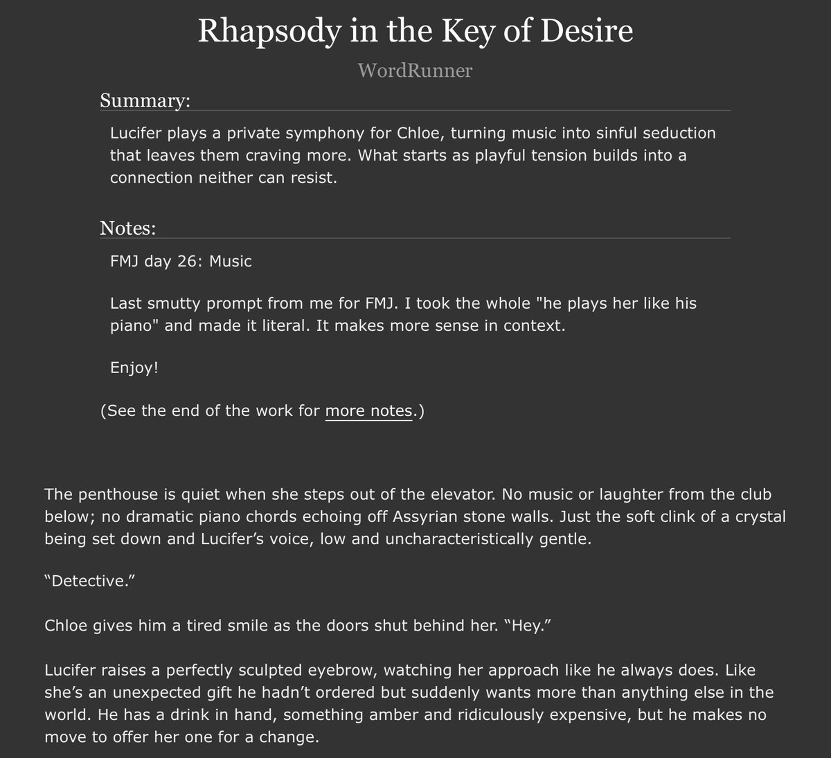 #FullMoonJune day 26: Music

Rhapsody in the Key of Desire

Lucifer plays a private symphony for Chloe, turning music into sinful seduction that leaves them craving more. Playful tension becomes irresistible need. 

archiveofourown.org/works/66840247

#LuciferFanfiction
#LuciferNetflix