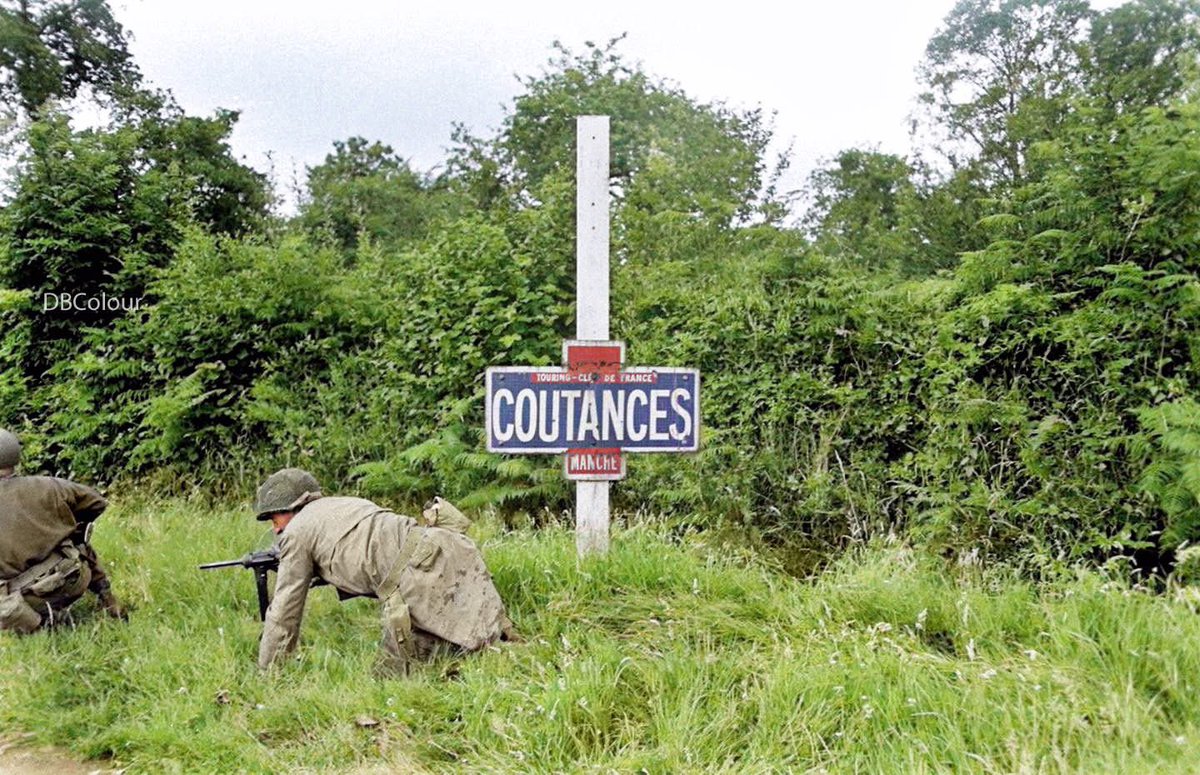 colour_history's tweet image. US soldiers making their way through the Normandy Bocage heading for Coutances, France. June/July