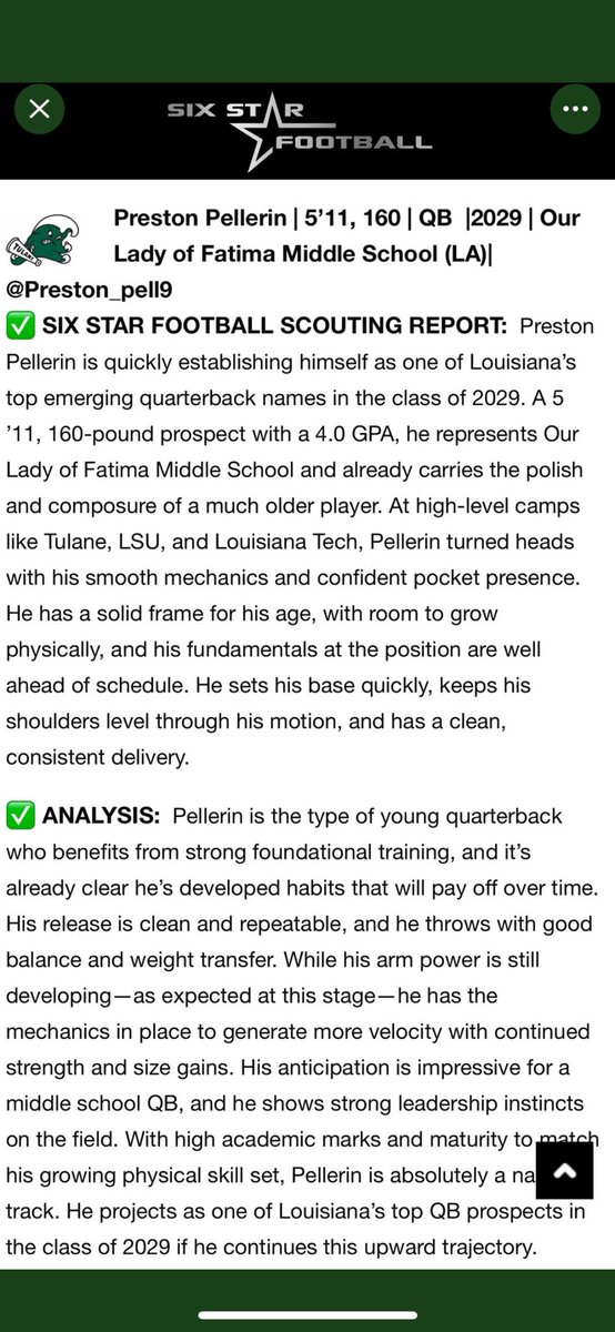 Preston Pellerin (@preston_pell9) on Twitter photo Thank you <a href="/sixstarfootball/">Six Star Football | PLUS+</a> for the scout report! St. Thomas More Catholic High school C/O 2029 Quarterback Thank you <a href="/sixstarfootball/">Six Star Football | PLUS+</a> for the scout report! St. Thomas More Catholic High school C/O 2029 Quarterback