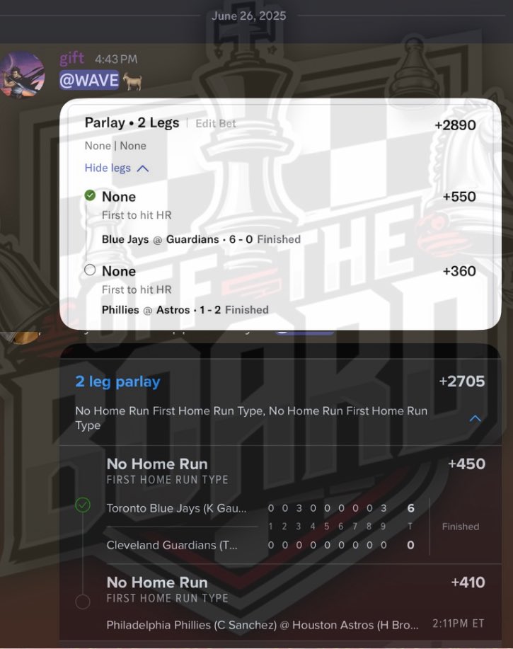 My clients win. 

I signaled 
HOU/PHI - No Home Runs  💰
CLE/TOR - No Home Runs 💰

Join the family whop.com/off-the-board/