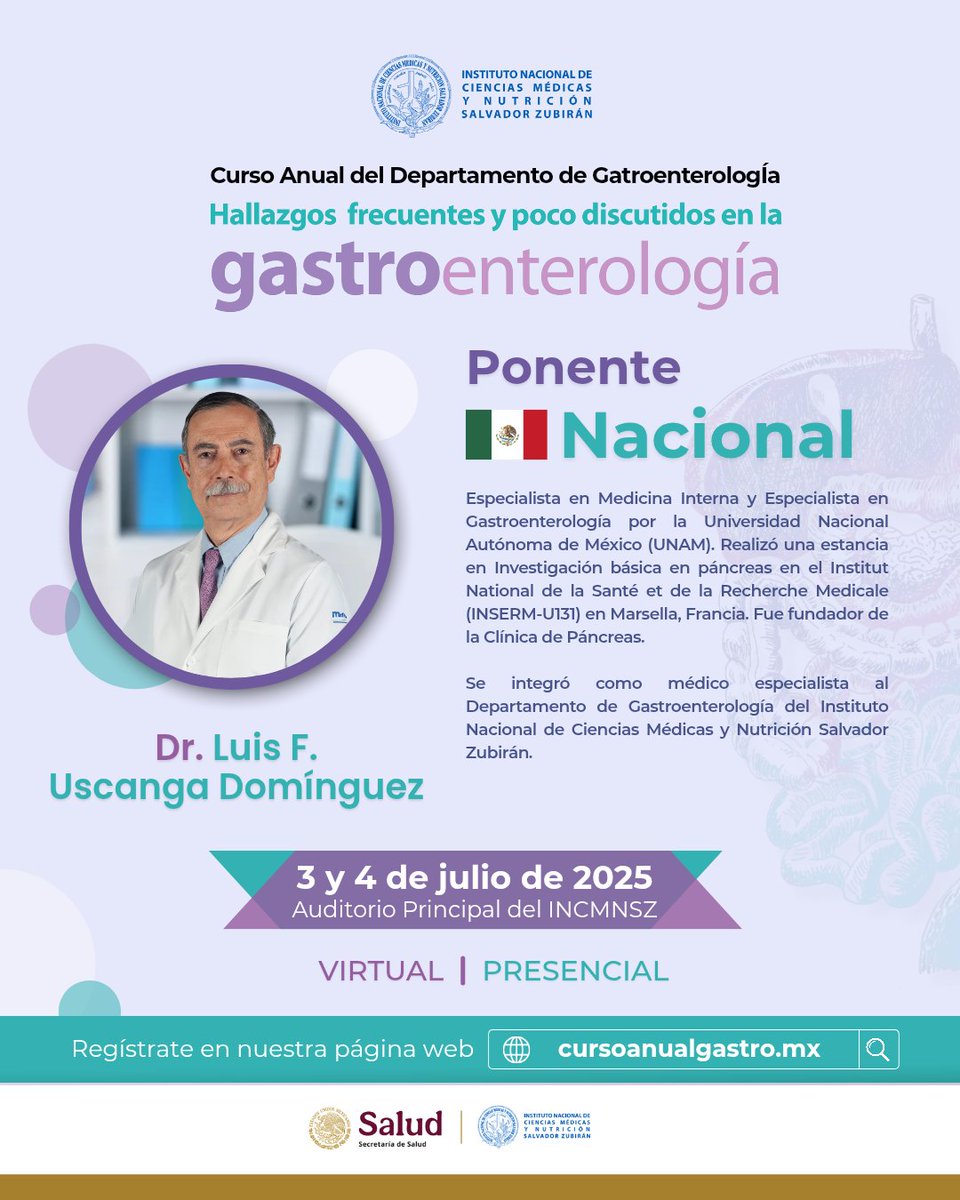 incmnszmx's tweet photo. En el #CursoAnualGastro contaremos con la participación de reconocidos ponentes, líderes en gastroenterología que compartirán su experiencia en temas cotidianos que impactan el diagnóstico y tratamiento.
https://t.co/NvhgrQn0Ux
 #INCMNSZ #Gastro2025 https://t.co/JVHWV5eJFs