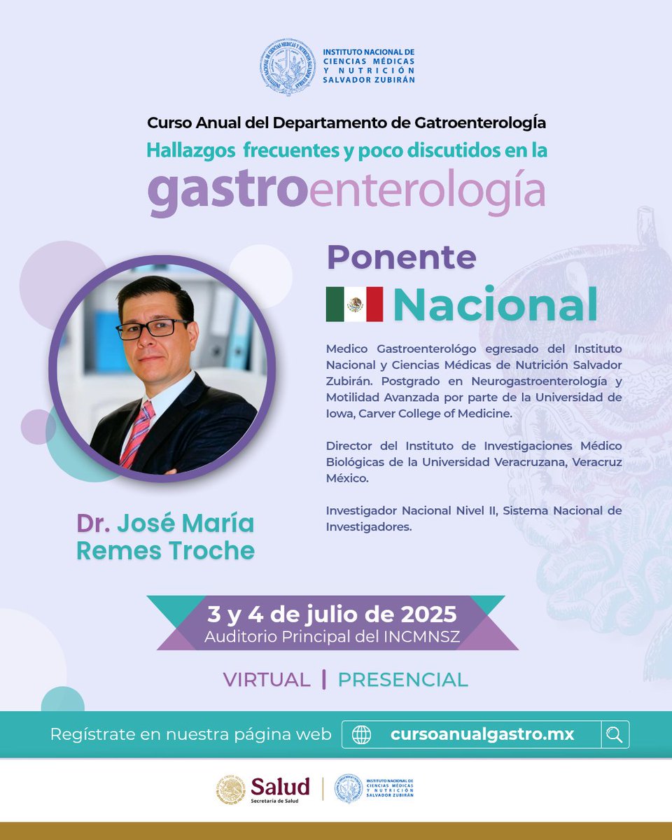 incmnszmx's tweet photo. En el #CursoAnualGastro contaremos con la participación de reconocidos ponentes, líderes en gastroenterología que compartirán su experiencia en temas cotidianos que impactan el diagnóstico y tratamiento.
https://t.co/NvhgrQn0Ux
 #INCMNSZ #Gastro2025 https://t.co/JVHWV5eJFs