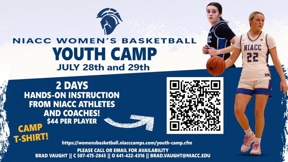 📣 NIACC Basketball Camp is picking up momentum and more students have been signing up!! 🥳🏀🔵🟡😀
We still have plenty of room for more campers!! 🎉🤩 Sign up information is below!! ✍️
Join us for a couple fun days of hoops here at the NIACC gym!! 🏀🏀🏀🏀