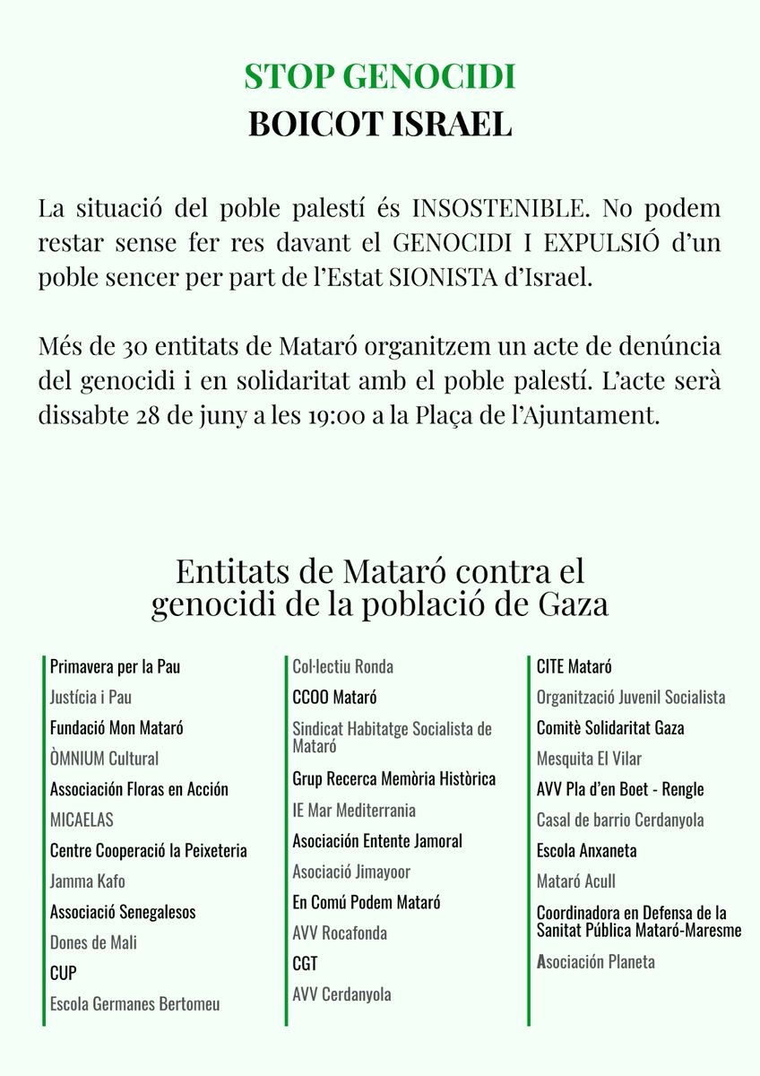 Participem a l'Acte de denuncia de genocidi del poble palestí, ens veiem el dia #28juny a les 19:00h, Plaça de Ajuntament de #Mataró 
☝️No ens podem quedar indiferents!
#Gaza 
#GenocidioEnGaza 
#PalestinaLibre